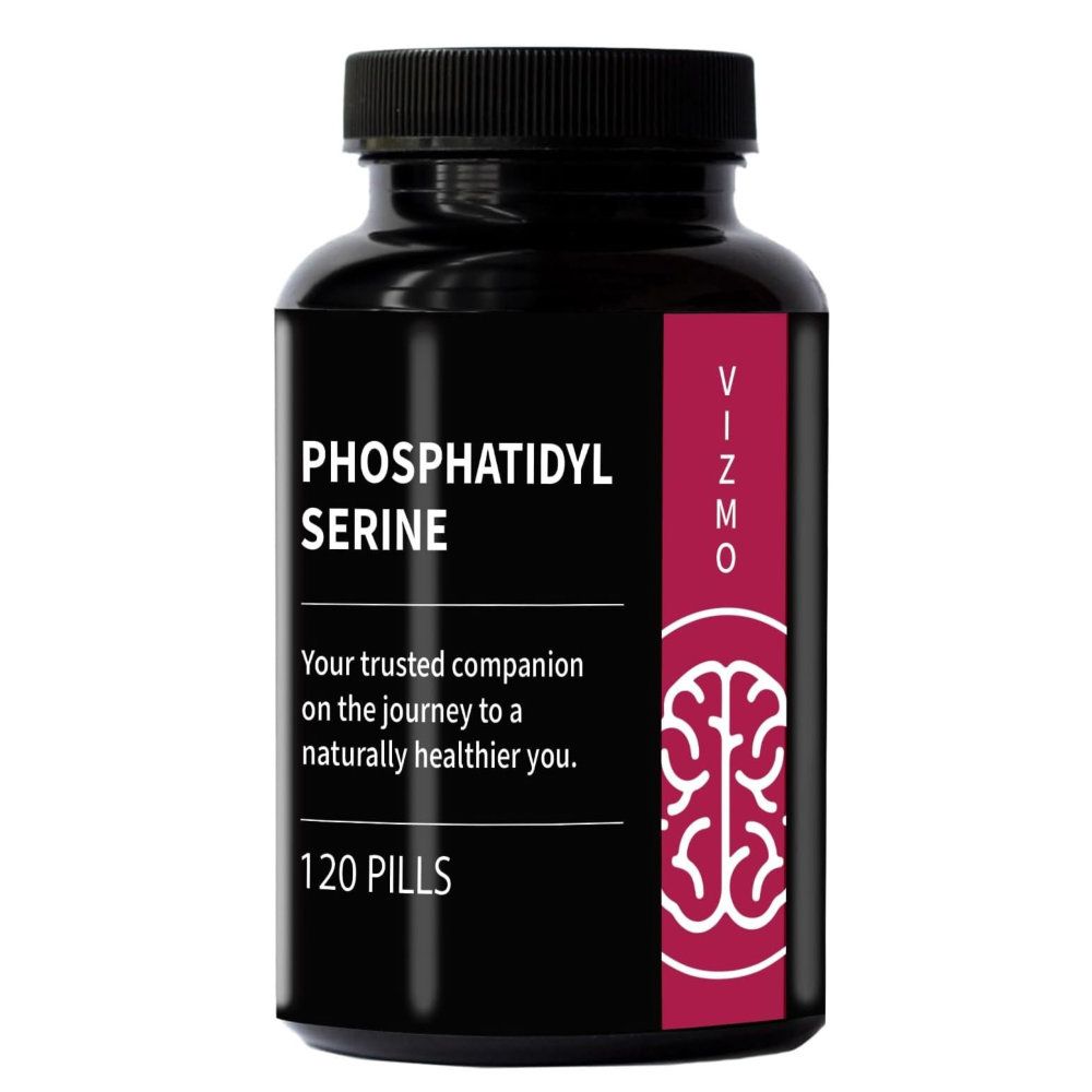Flacon noir de Vizmo Phosphatidylserine. 120 pilules. Texte: Votre compagnon de confiance.