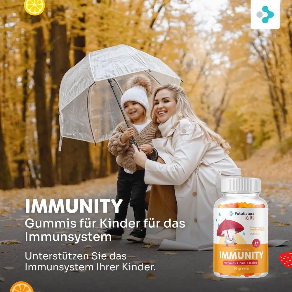 Moeder en kind onder paraplu, naast fles gummies. Opschrift: IMMUNITY, Gummies voor kinderen. Logo FutuNatura KIDS.