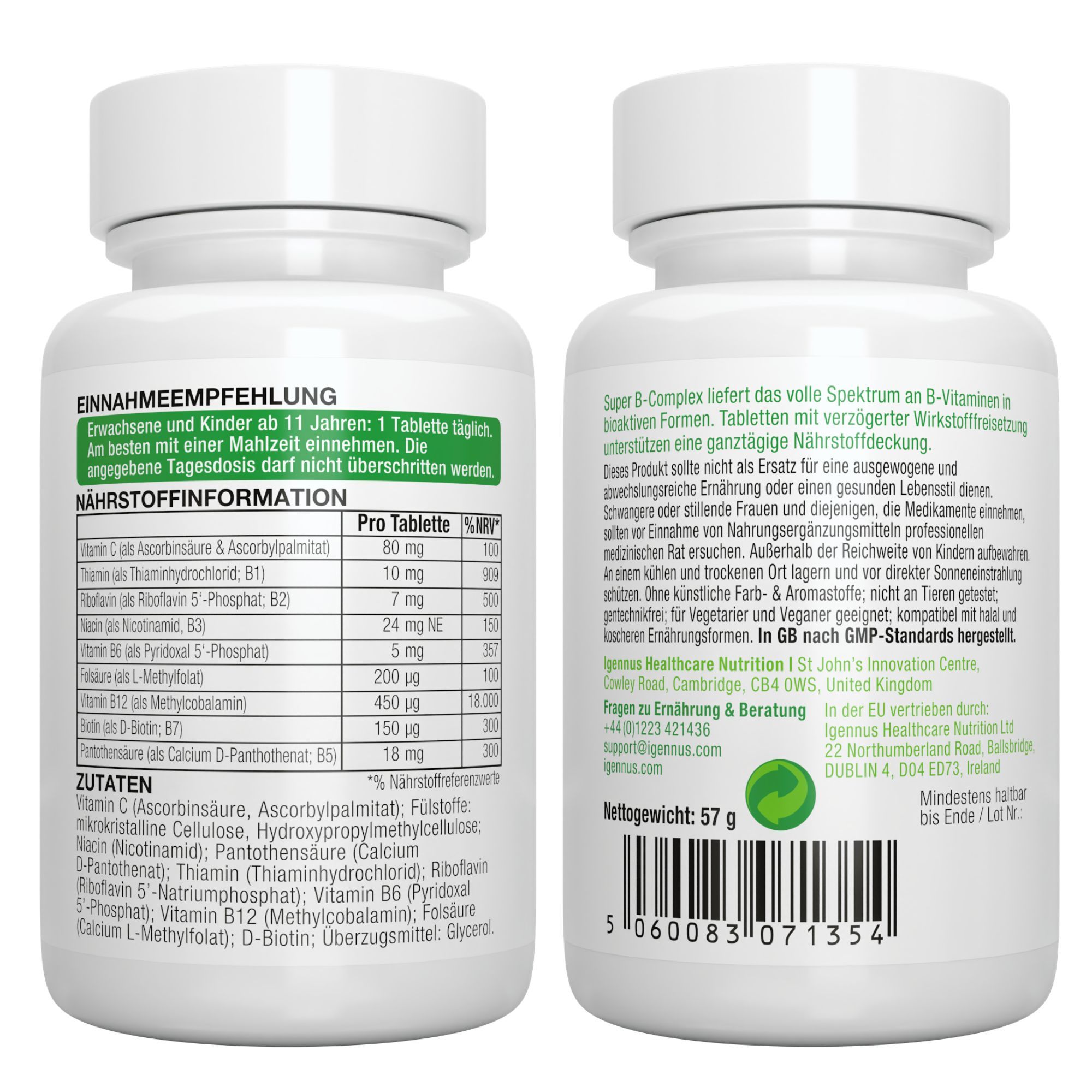 Avant et arrière d'une bouteille Igennus Super B-Komplex avec informations nutritionnelles et dosage.