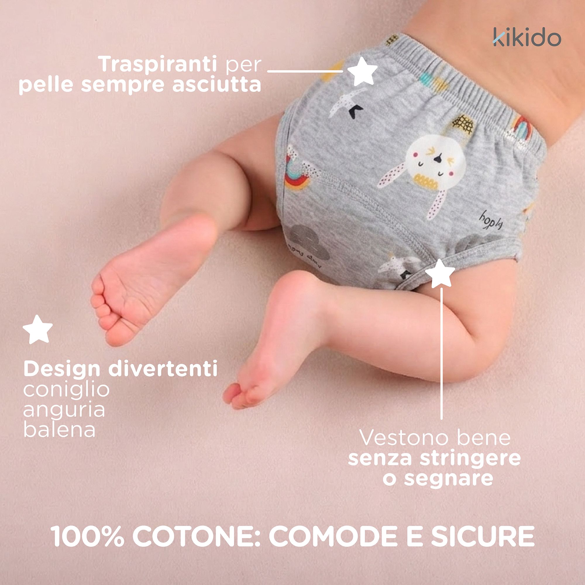 Culotte d'apprentissage grise avec motifs lapin et arc-en-ciel. 100% coton. Respirante pour une peau sèche. Marque : Kikido.