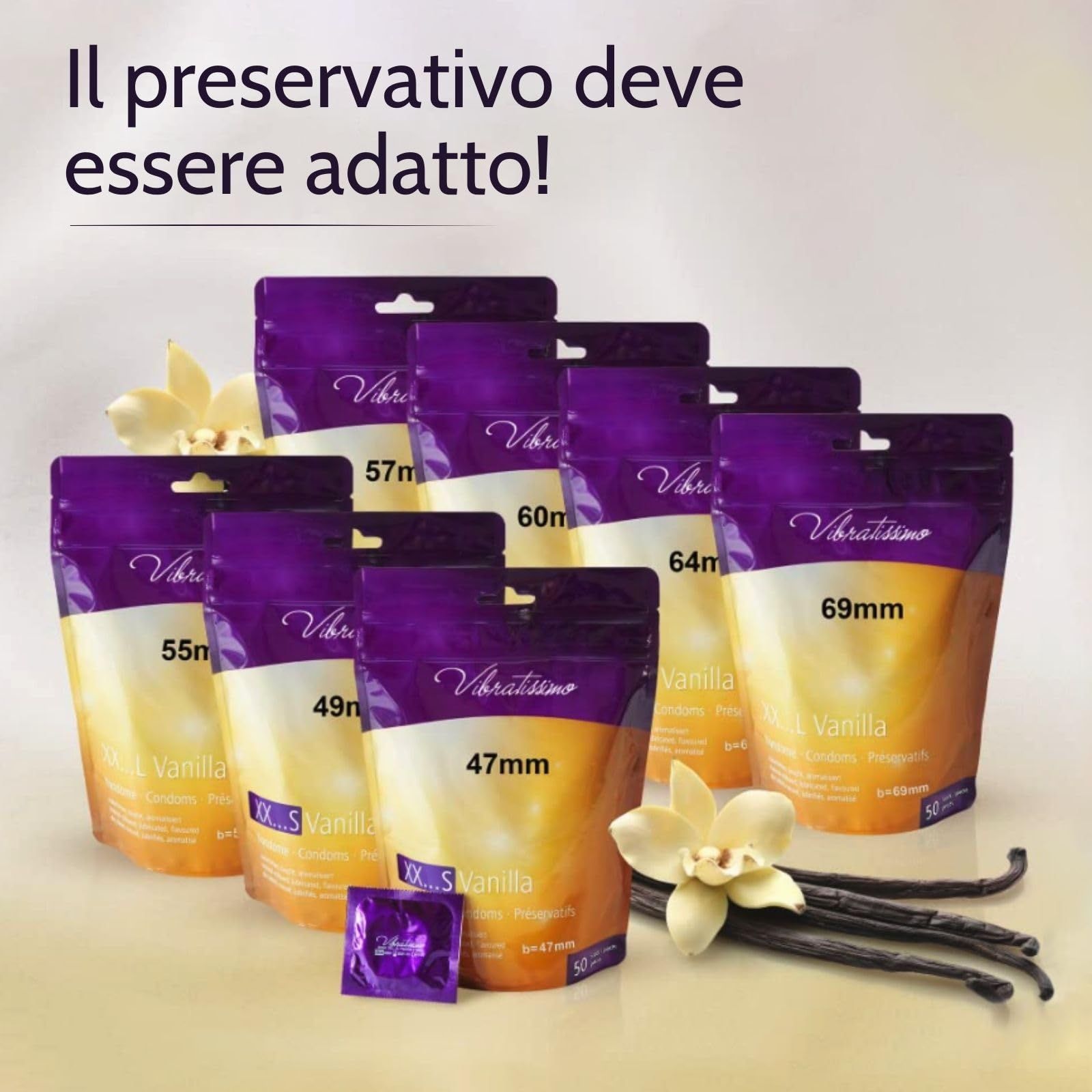 Préservatifs Vibratissimo en différentes tailles : 47mm, 49mm, 57mm, 60mm, 64mm, 69mm.