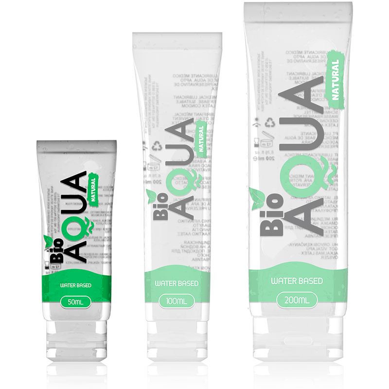Drie BioAQUA glijmiddelen op waterbasis in tubes van 50ml, 100ml en 200ml.