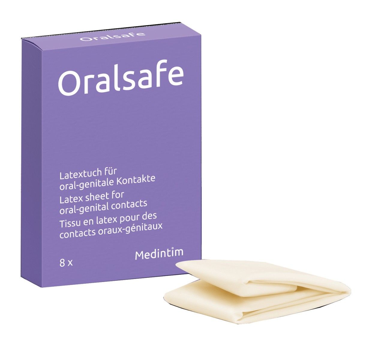 MedIntim OralSafe Vanille Feuille en latex pour contacts oraux-génitaux, 8 pièces, avec une feuille à côté.