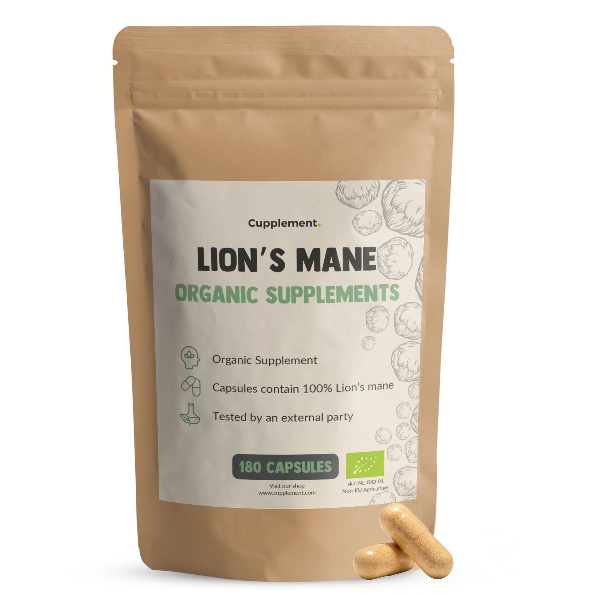 Sachet de gélules. Inscription : Lion's Mane Organic Supplements. 180 gélules. Gélules brunes à côté.