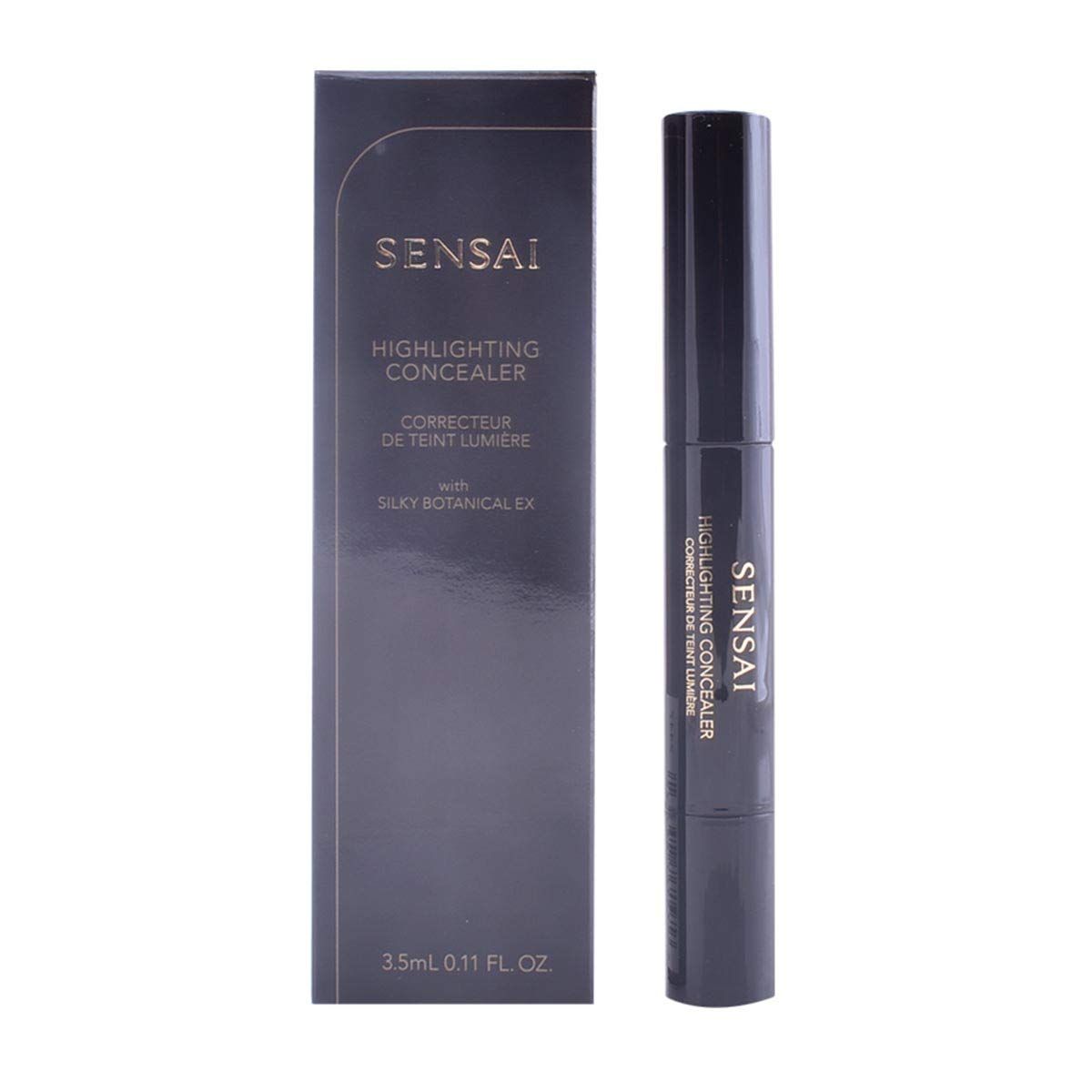Emballage et stylo gris foncé. Inscription : SENSAI, Highlighting Concealer, 3.5ml 0.11 FL. OZ.