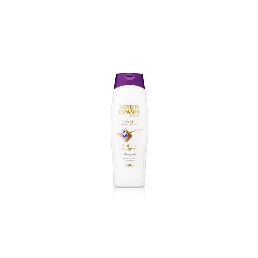 Flacon blanc avec bouchon violet, inscription "Instituto Español Champú Revitalizante Biotin+Colágeno".