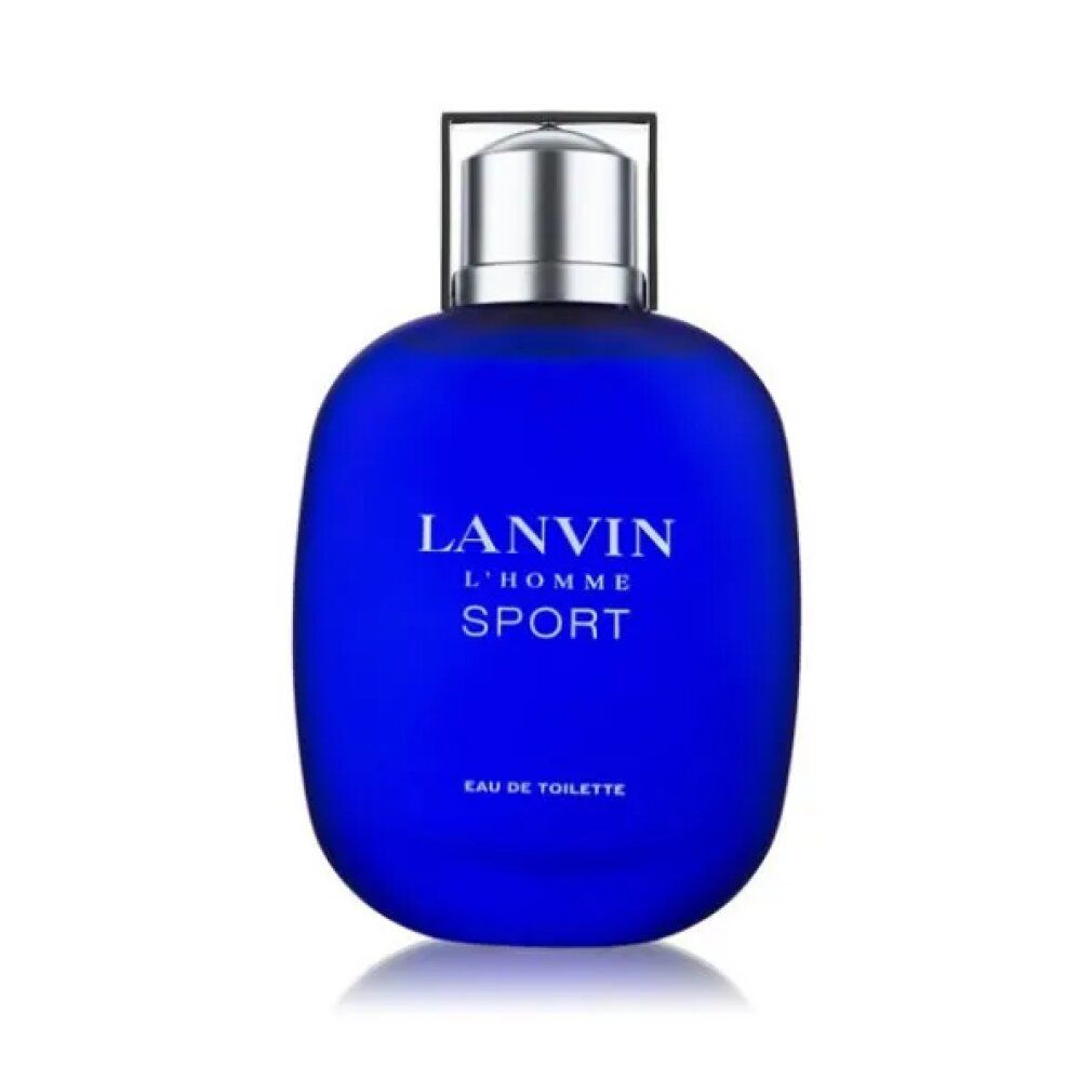 Blauwe fles met zilveren dop. Opschrift: LANVIN L'HOMME SPORT. Eau de Toilette.