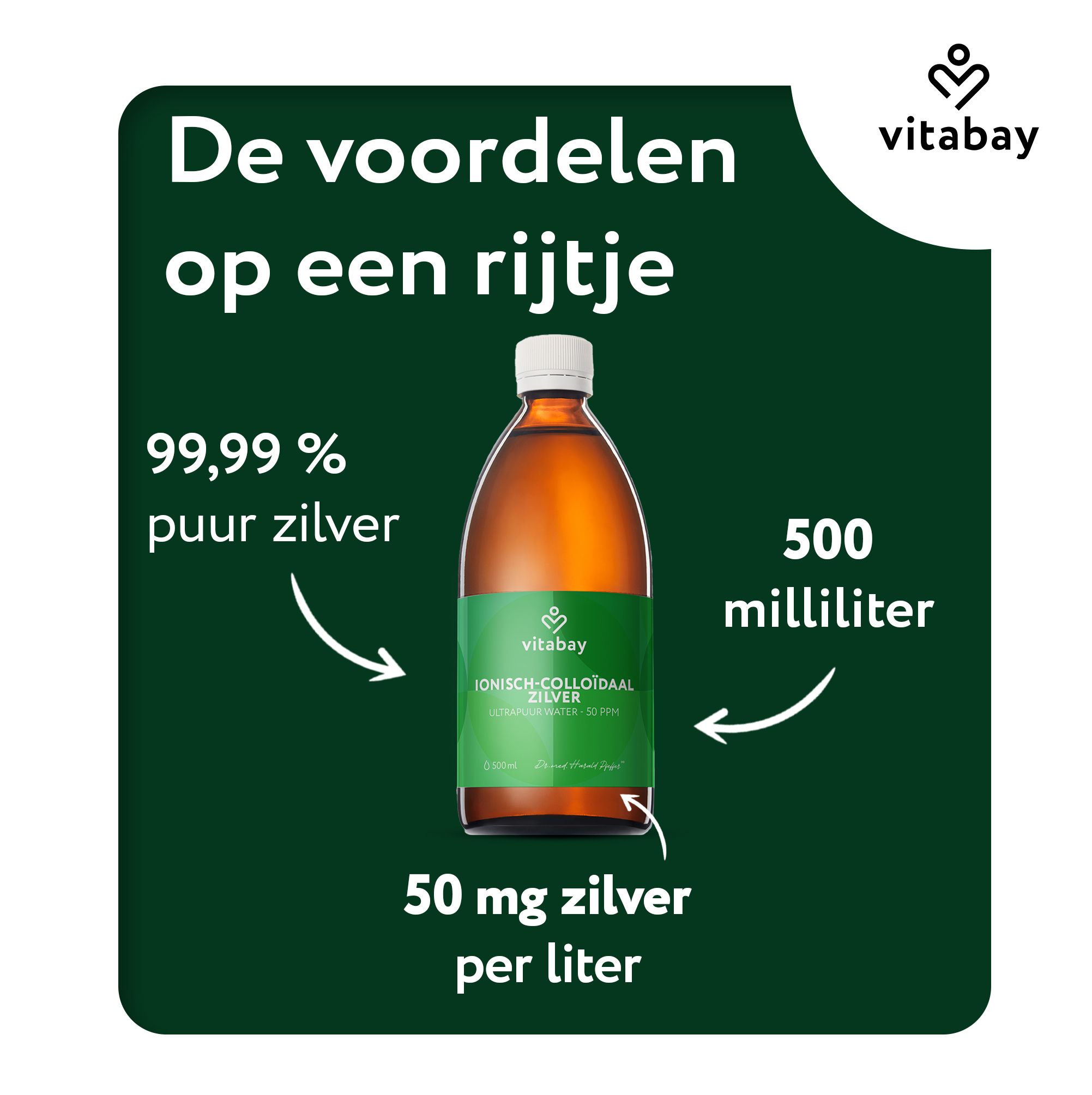 Bruine glazen fles, 500ml. Tekst over voordelen: 99,99% puur zilver, 50mg zilver per liter.