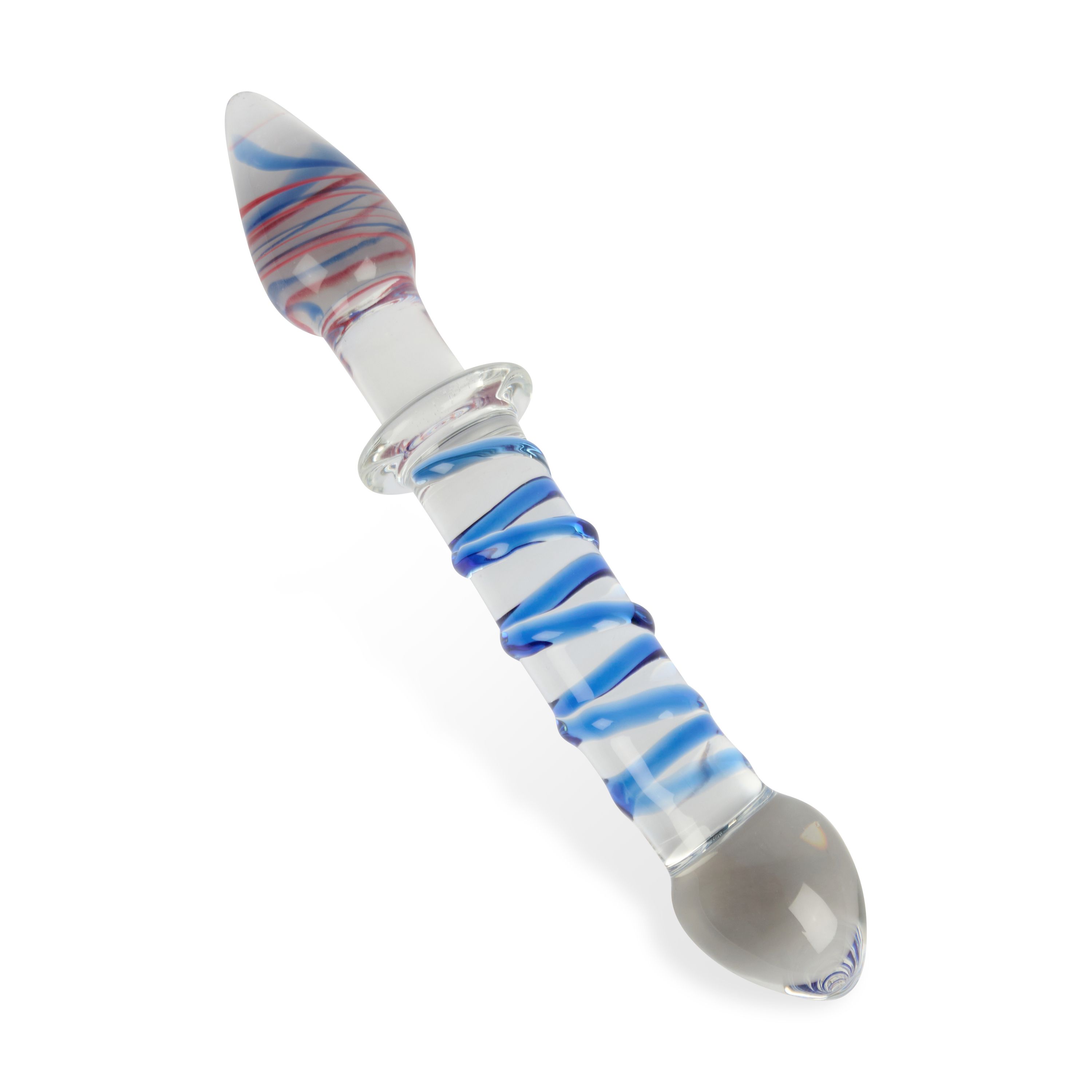 Stimulateur anal en verre, spirale bleue et blanche, accents rouges. Verre clair, extrémités arrondies. Vue détaillée.