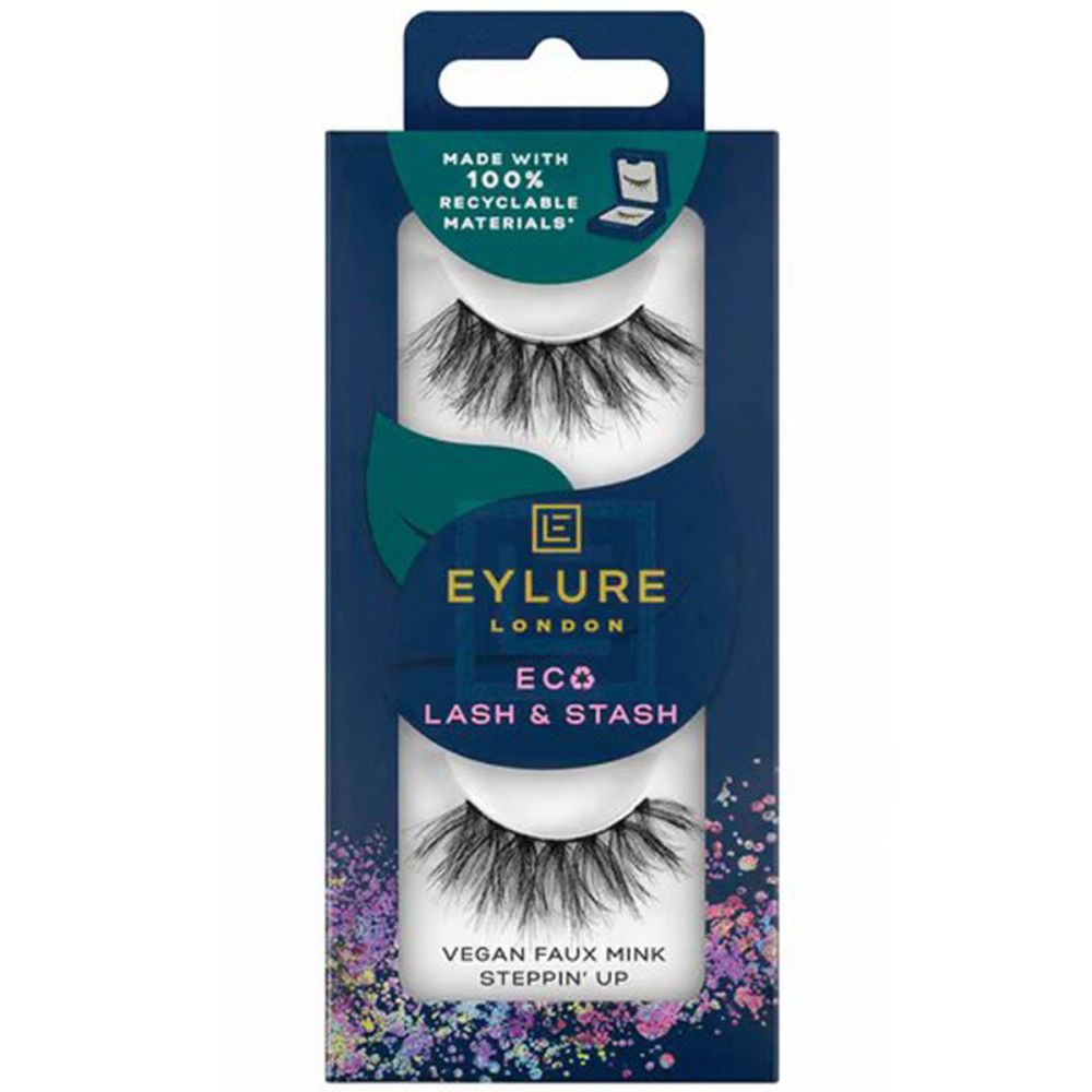 Emballage avec deux paires de cils. Marque Eylure London. Texte: Eco Lash & Stash, Vegan Faux Mink, Steppin'Up.