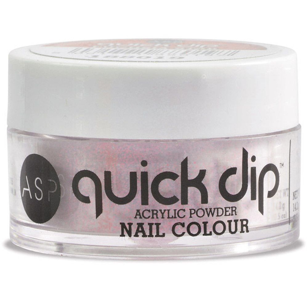 Pot rond de poudre acrylique rose. Inscription 'ASP quick dip'. Couvercle blanc.