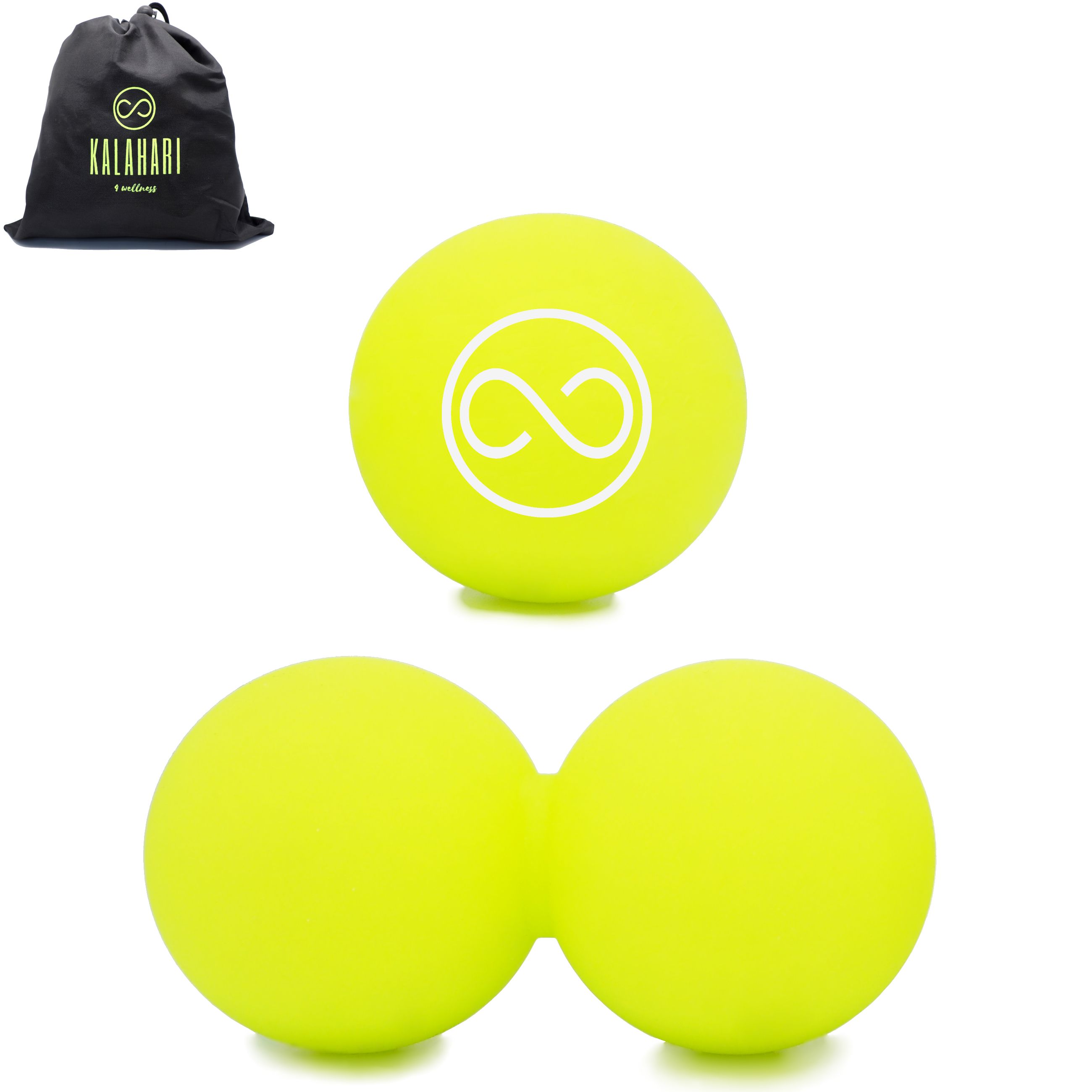 Deux balles de massage jaunes, une simple, une double. Sac noir avec logo.