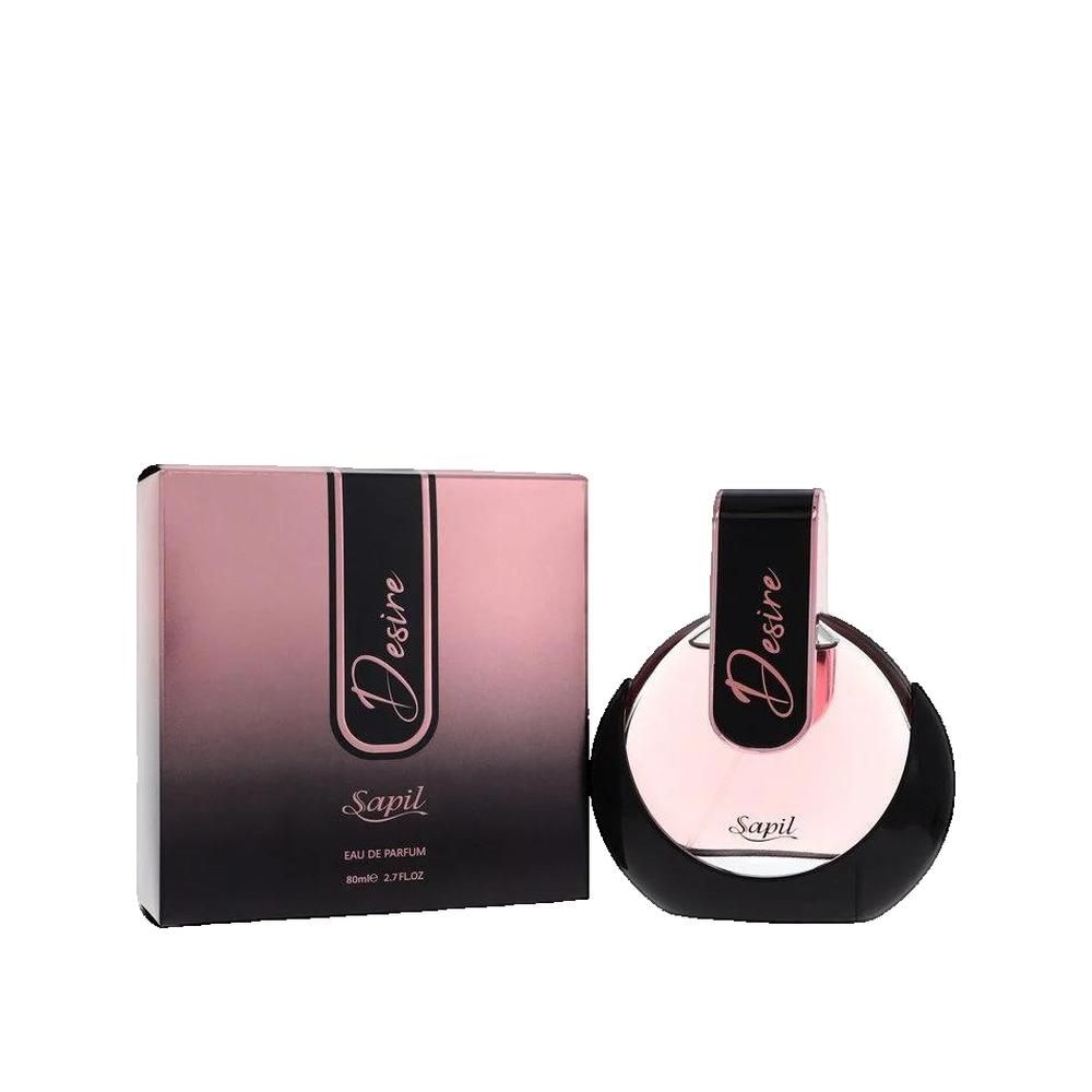 Flacon de parfum et emballage. Couleurs rose et noir. Inscription "Desire" et "Sapil". Flacon rond, avec bouchon noir.