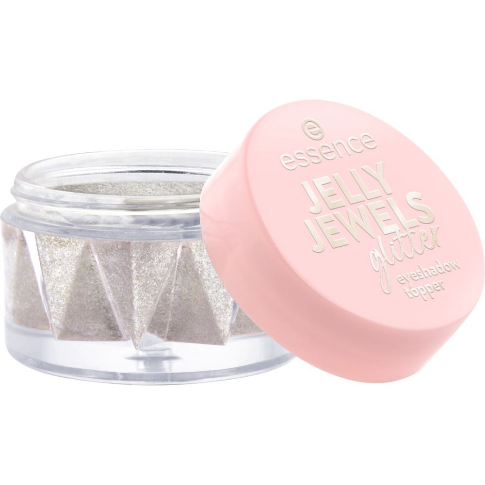 Pot ouvert de fard à paupières Essence Jelly Jewels Glitter argenté. Couvercle rose avec texte blanc. Pot transparent.