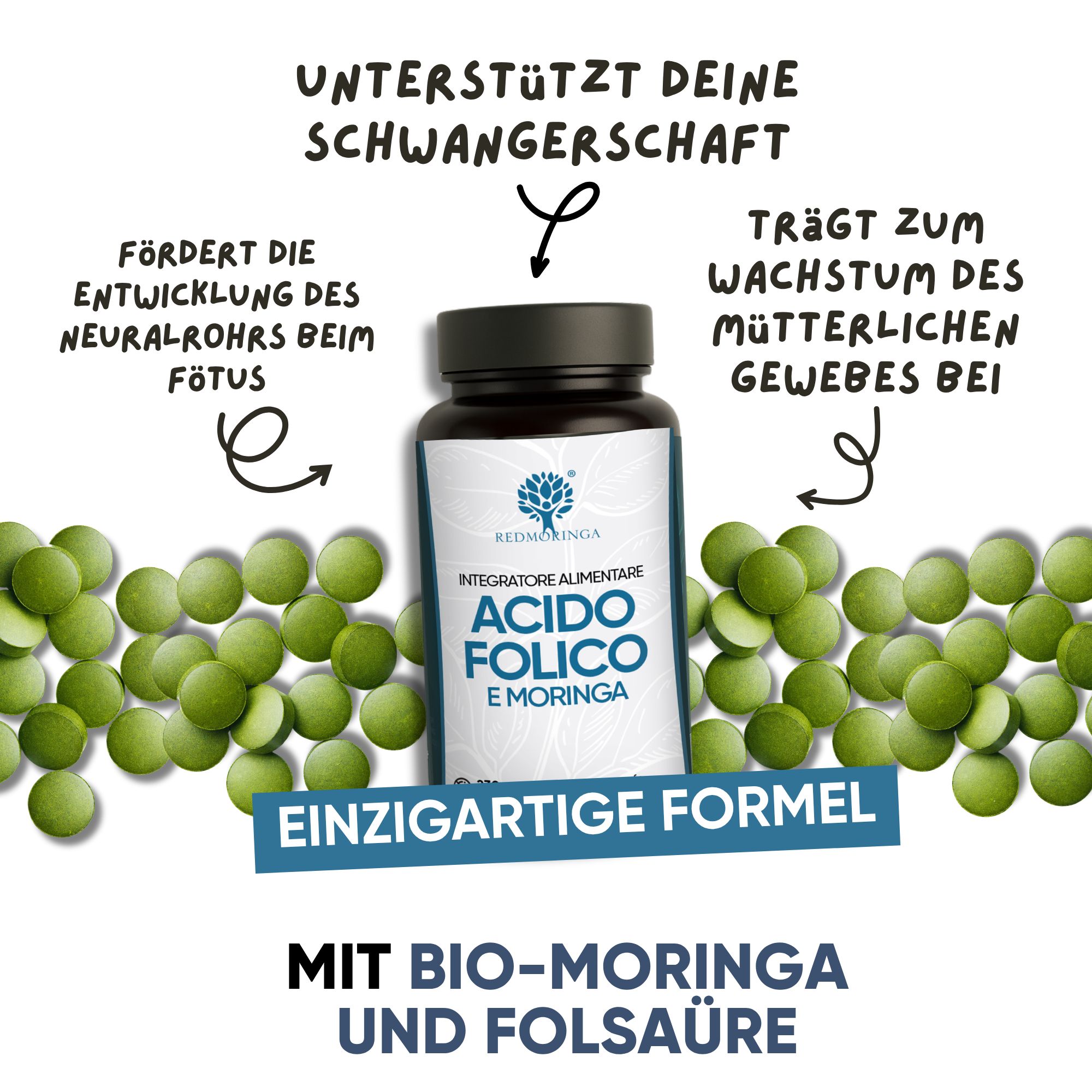 Bouteille de folate et de moringa, entourée de capsules vertes. Texte : Formule unique avec moringa bio et folate.
