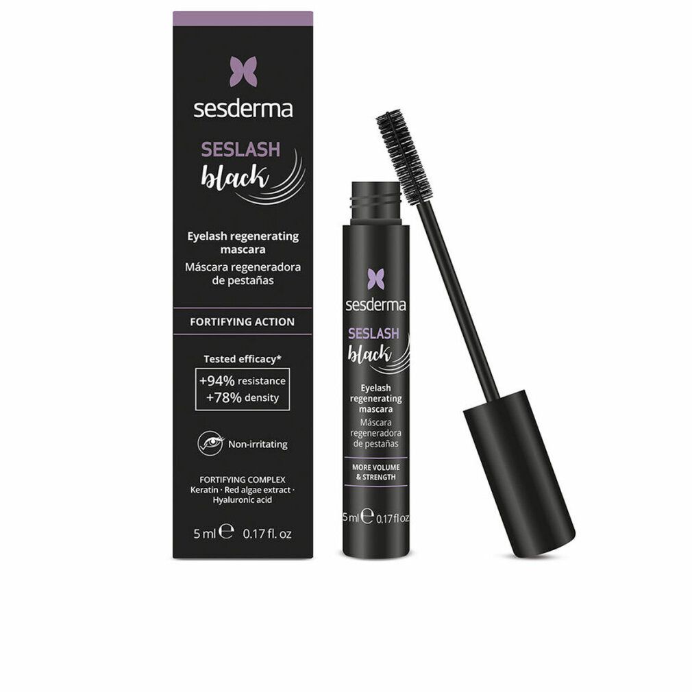 Tube de mascara noir avec brosse et emballage. Sesderma Seslash Black, texte sur le tube et l'emballage.