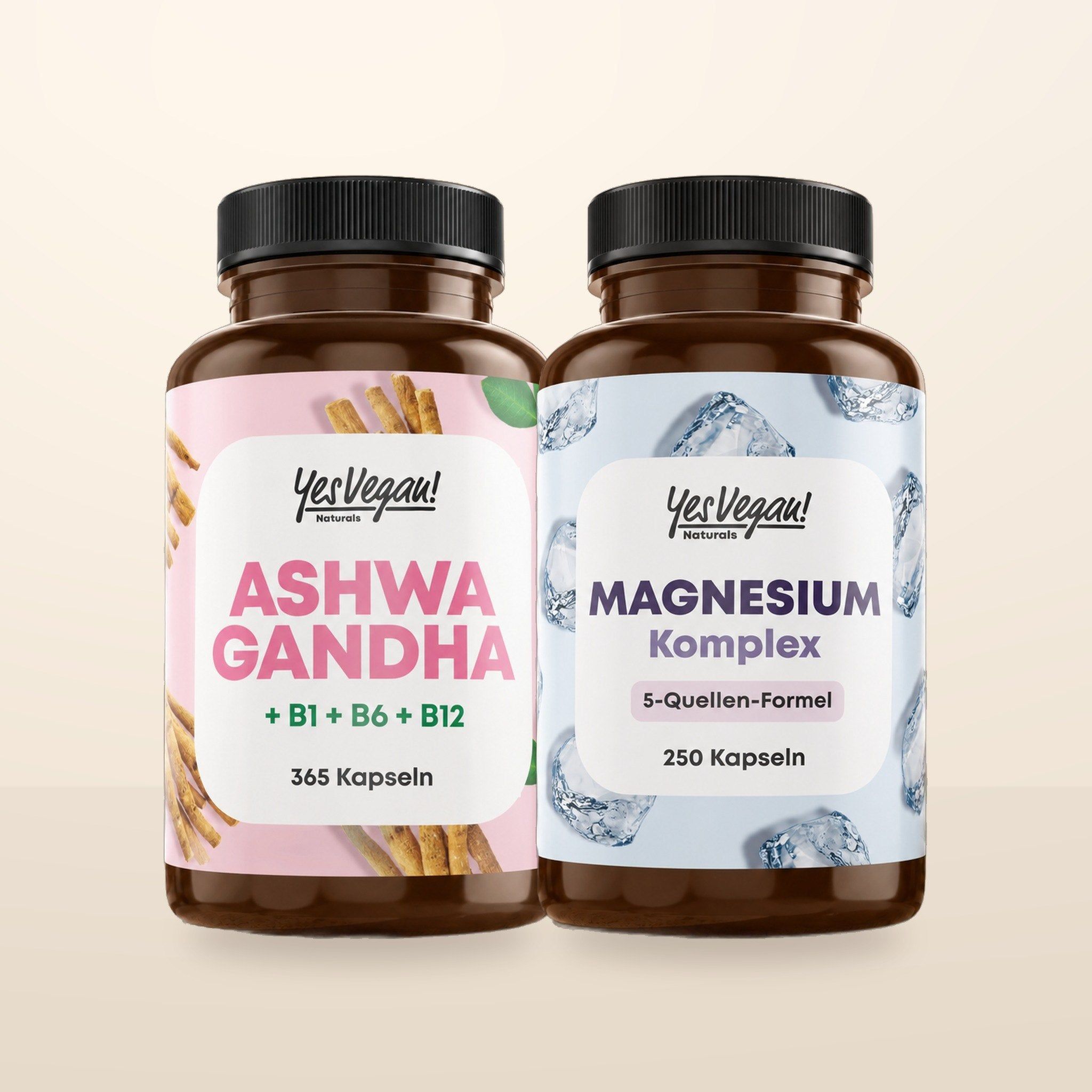Trois bouteilles de compléments alimentaires : Complexe de fer, Vitamines solaires et Complexe de super champignons.