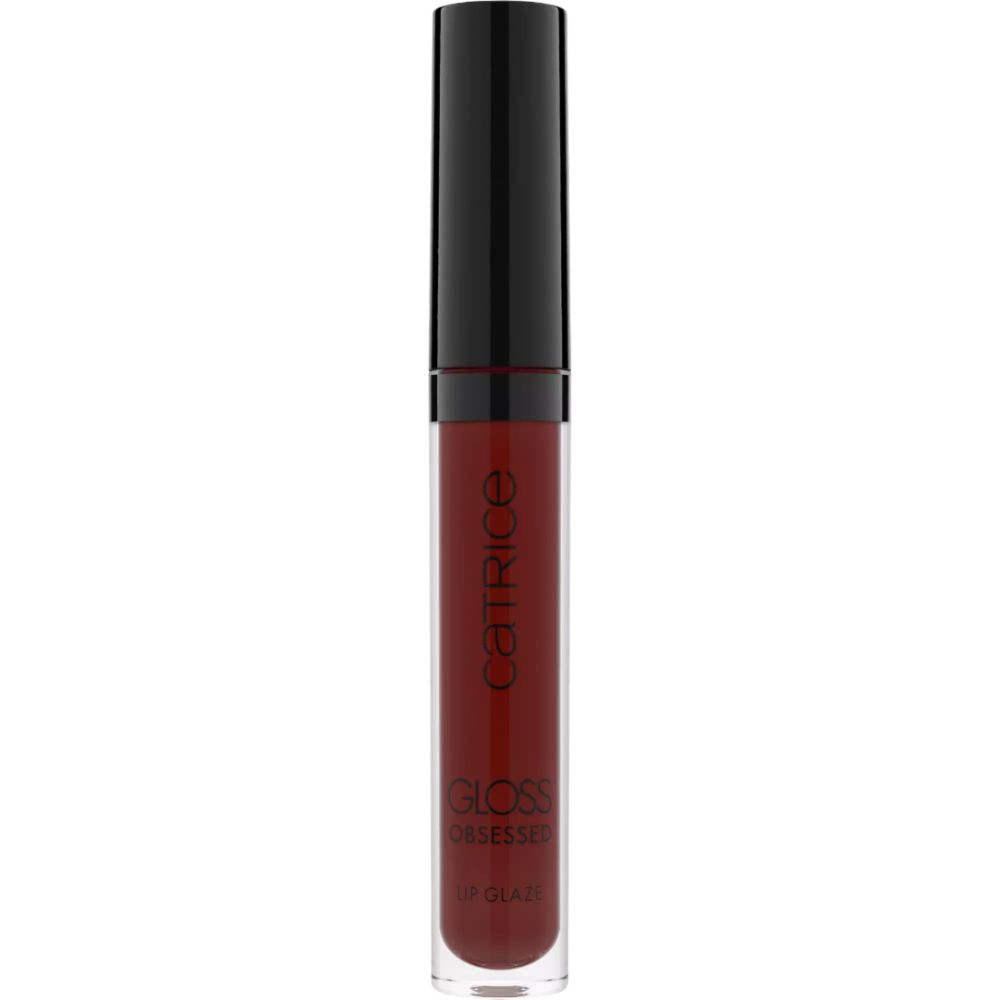 Lipgloss tube met zwarte dop. Opschrift: Catrice, Gloss Obsessed, Lip Glaze. Rode kleur.