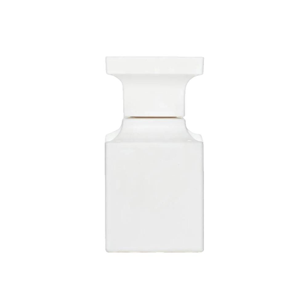 Witte flacon met vierkant lichaam en cilindrische dop. Op witte achtergrond.