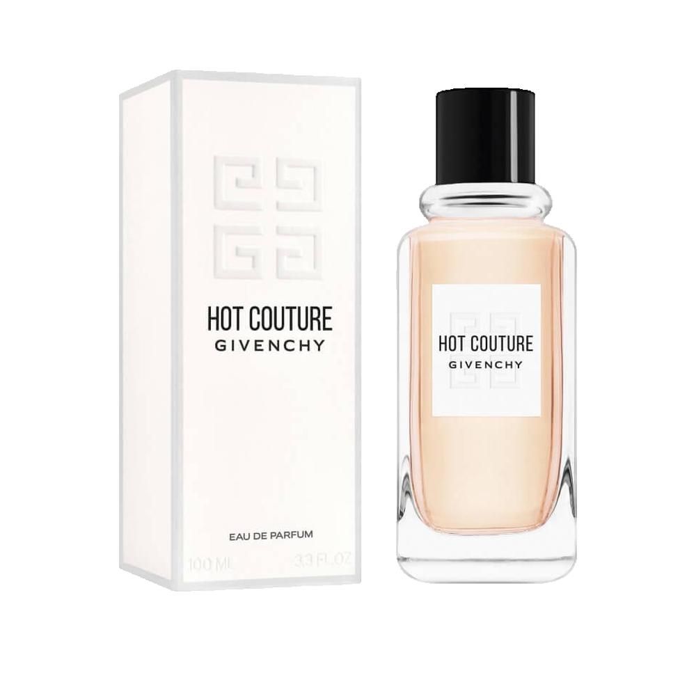 Givenchy Hot Couture flacon en verpakking. Witte doos met logo. Flacon met zwarte dop. Opschrift Hot Couture en Givenchy.
