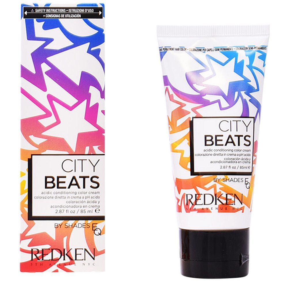 Emballage et tube "CITY BEATS" et "REDKEN". Design dégradé avec étoiles. Contient "acidic conditioning color cream".