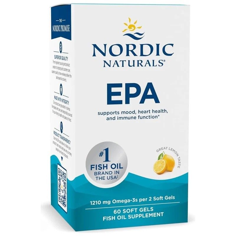 Boîte de Nordic Naturals EPA. Contient 60 gélules. Contient 1210 mg d'oméga-3 par 2 gélules. Goût citron.