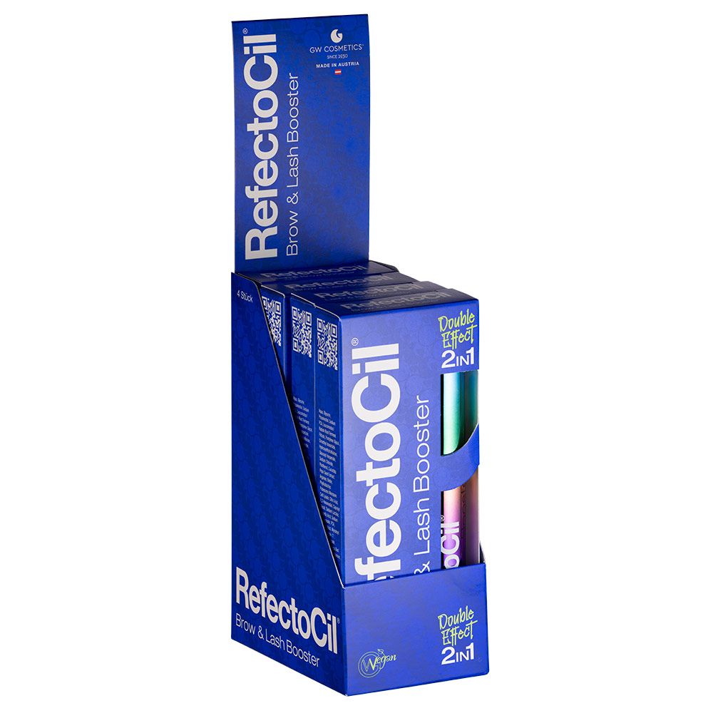 Display met blauwe verpakkingen voor Lash & Brow Booster. Tekst: Refectocil Brow & Lash Booster.