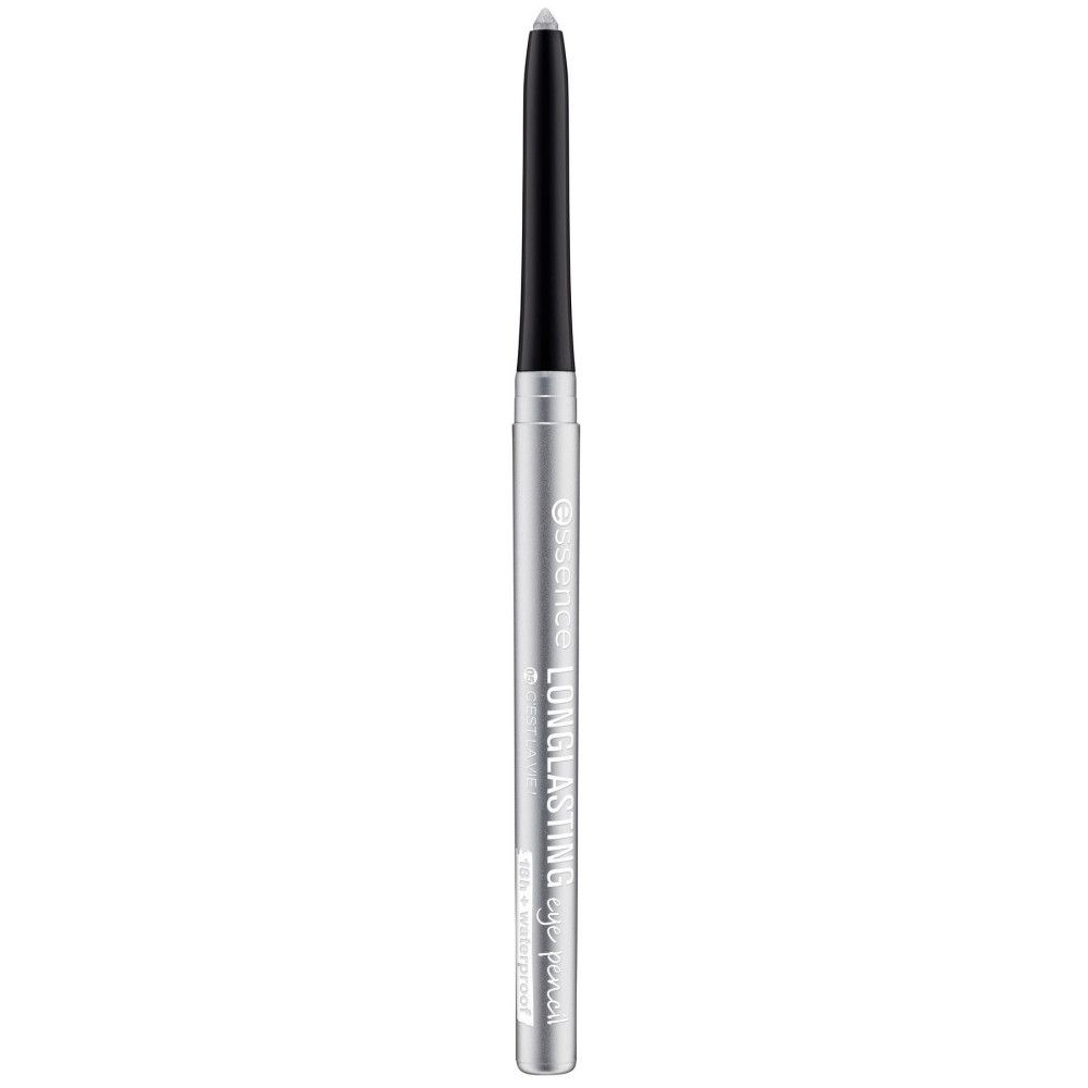 Crayon pour les yeux argenté avec mine noire. Inscription : "essence LONG LASTING eye pencil".