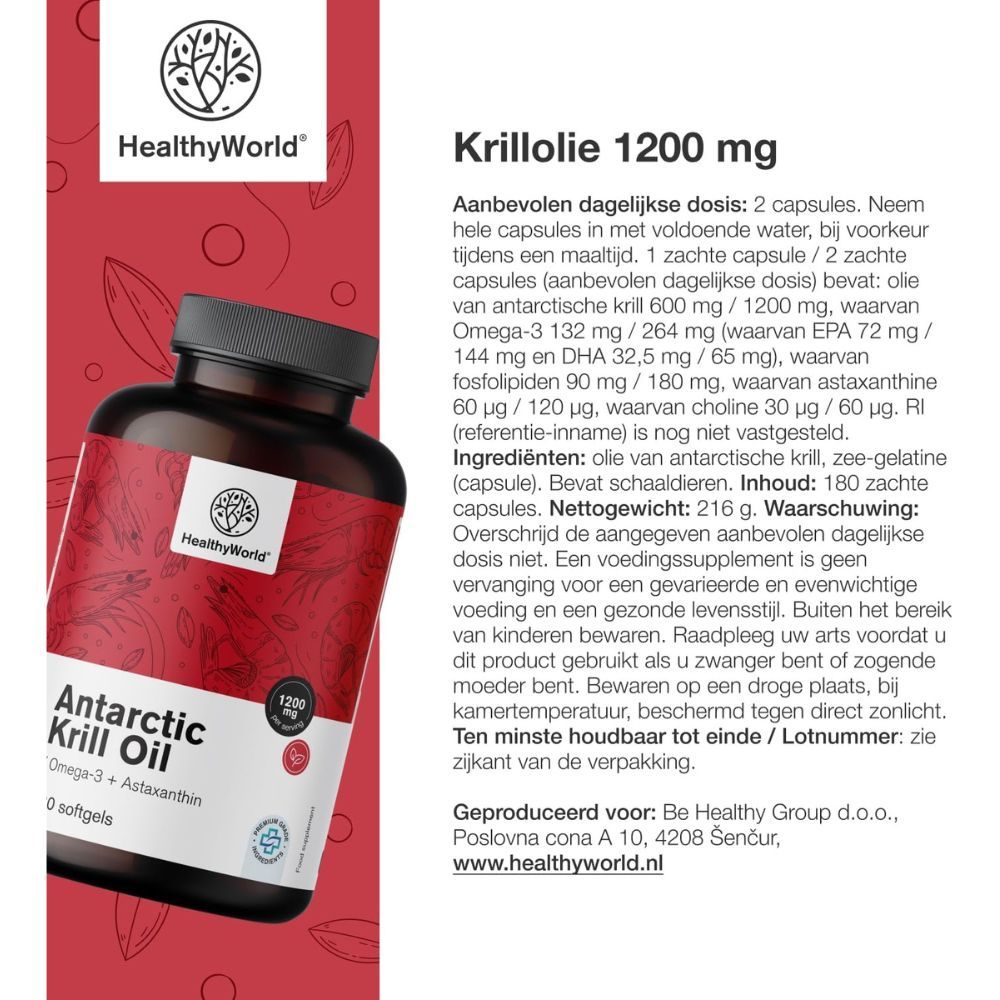 Tekst en productafbeelding. Tekst: Krillolie 1200 mg. Logo: HealthyWorld. Opschrift: Antarctic Krill Oil. Bevat 180 capsules.