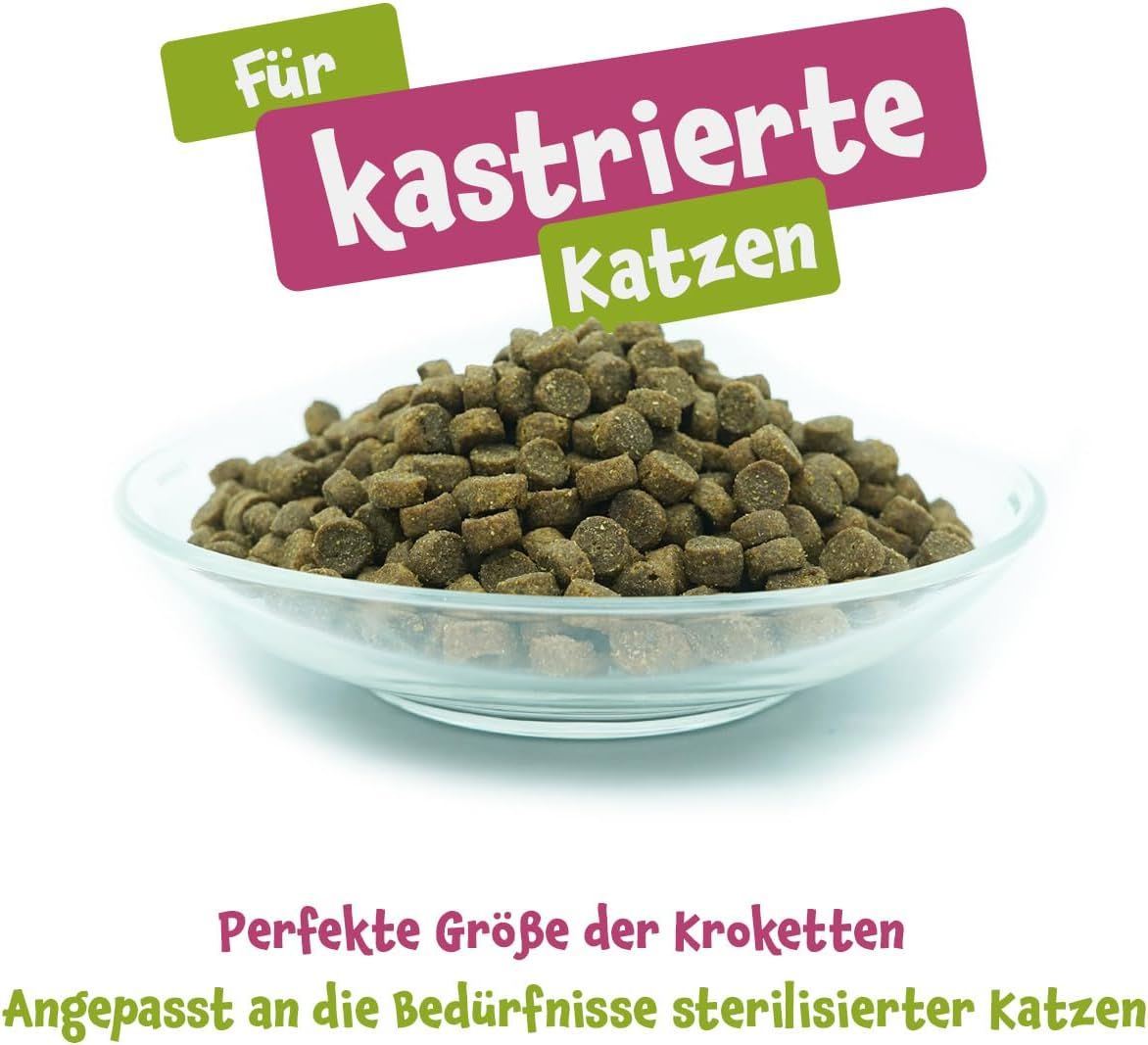 Hoop droogvoer in een glazen kom. Opschrift: Voor gecastreerde katten. Tekst: Perfecte grootte van de brokjes.