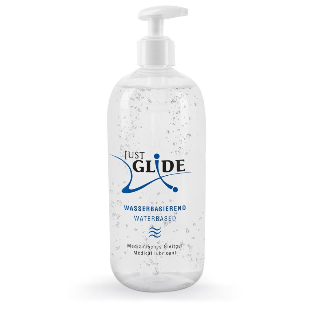 Transparante fles met pomp. Productnaam en tekst. Watergebaseerde glijmiddel. Medische benaming.