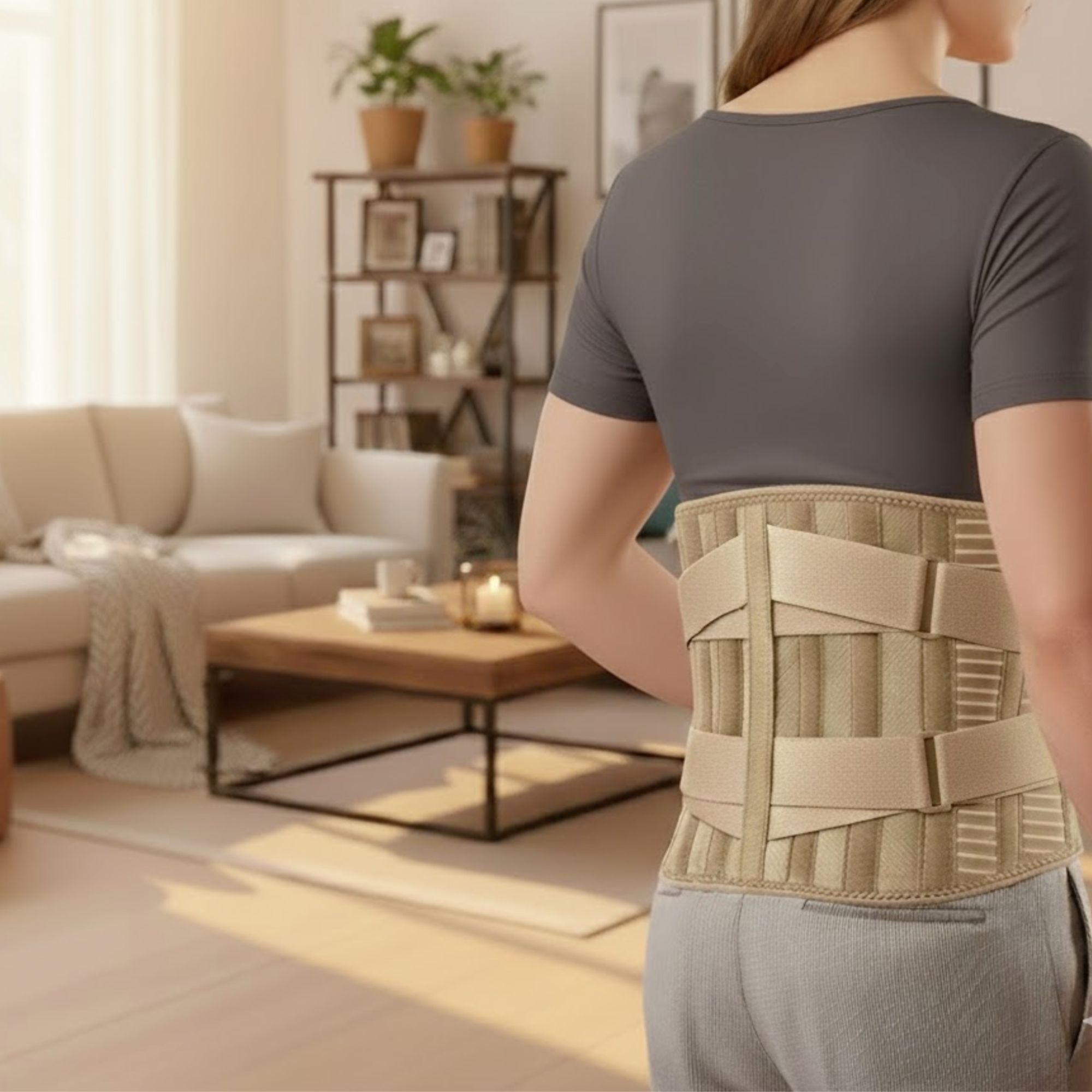 Ceinture lombaire sur le dos d'une femme. Beige, avec sangles. Dans un salon.