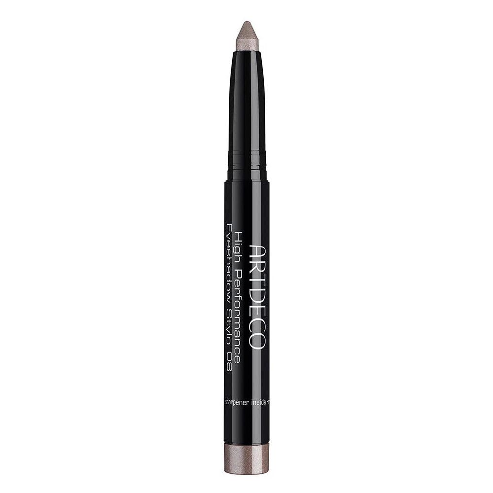 Crayon fard à paupières gris Artdeco High Performance. Crayon noir avec pointe argentée. Nom et logo du produit visibles.