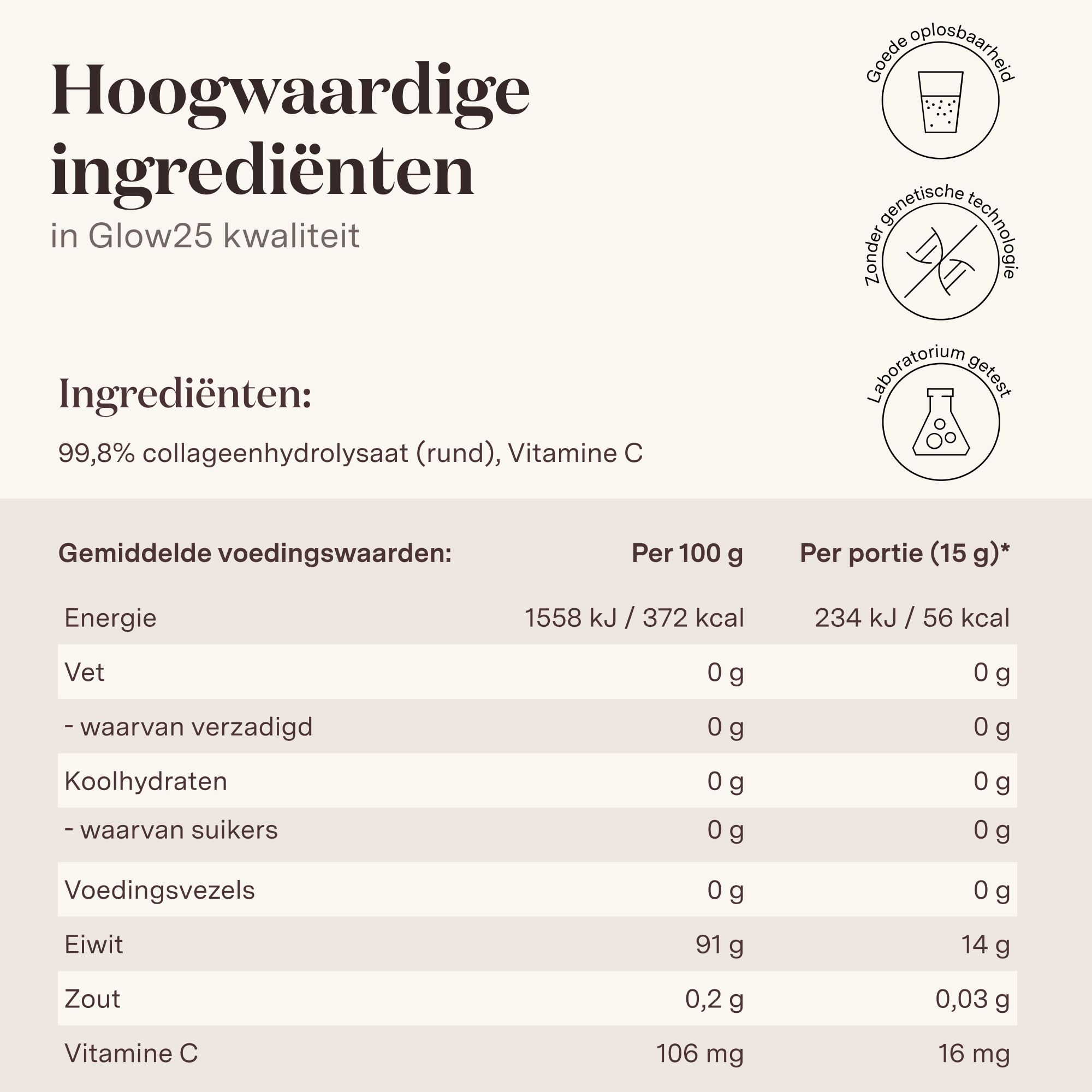 Vrouw houdt Glow25 Collagen Powder vast. Witte verpakking, gouden tekst. 450g.