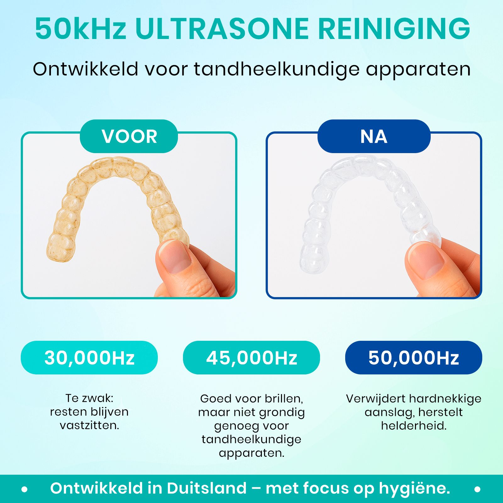 Vergelijking van beugels voor en na reiniging. Tekst: "50kHz ULTRASONE REINIGING". Drie frequenties met resultaten.