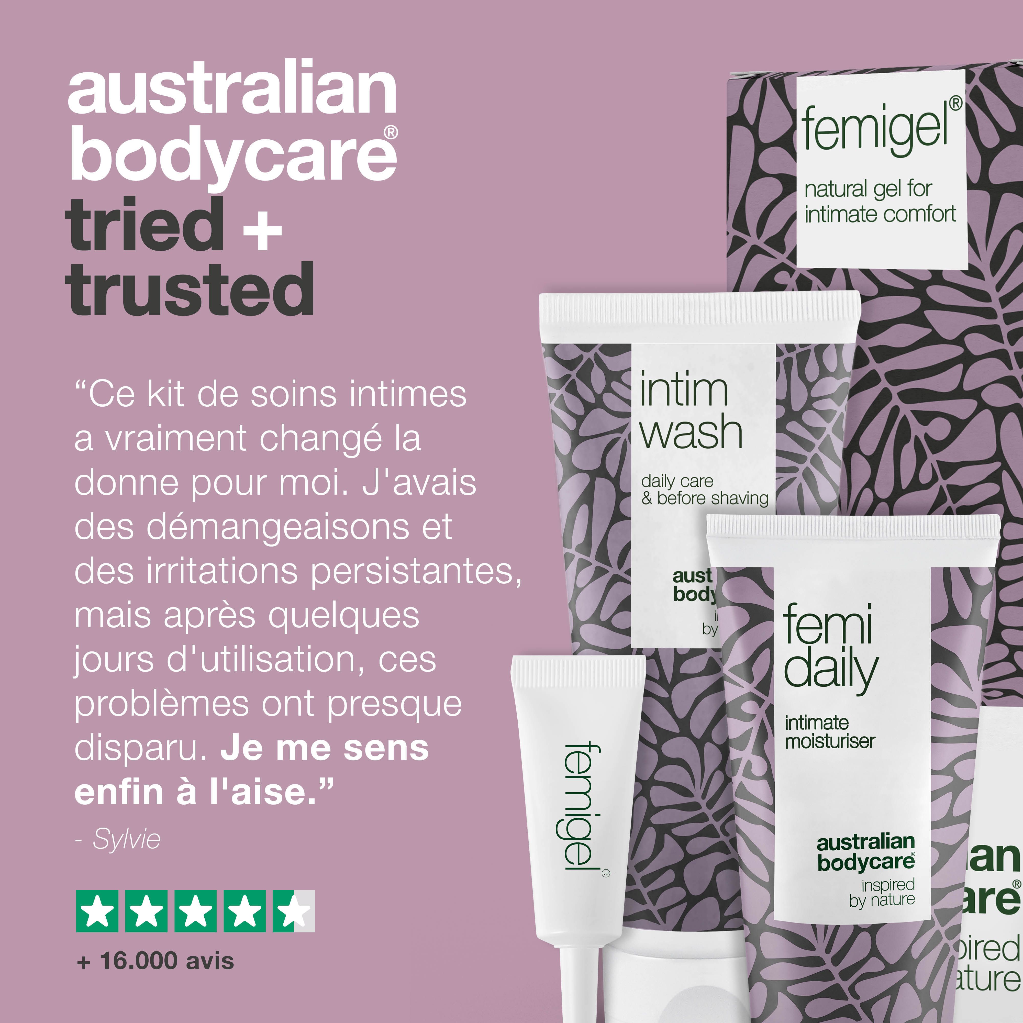 Infographie : testé et approuvé. Produits : gel lavant, hydratant et gel intime. Marque : Australian Bodycare.