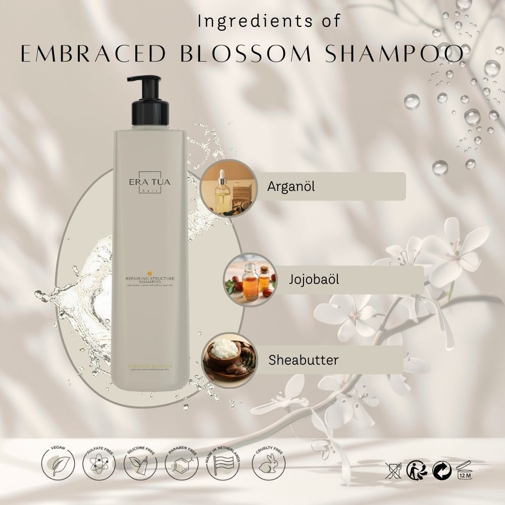 Flacon de shampooing beige avec pompe noire. Texte: Era Tua, Embraced Blossom Shampoo. Ingrédients: huile d'argan, huile de jojoba, beurre de karité. Vegan.