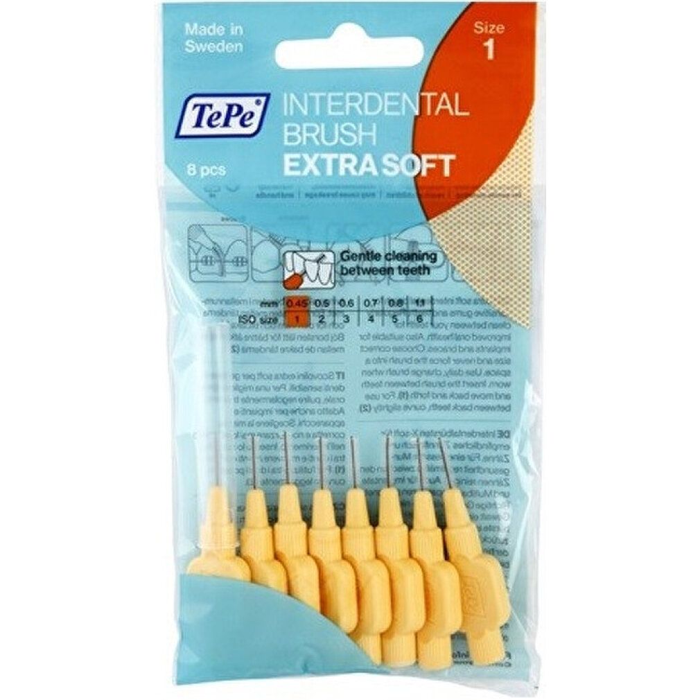 Verpakking met gele TePe interdentale borstels. Extra Soft, 8 stuks. Opschrift: Gentle cleaning between teeth.