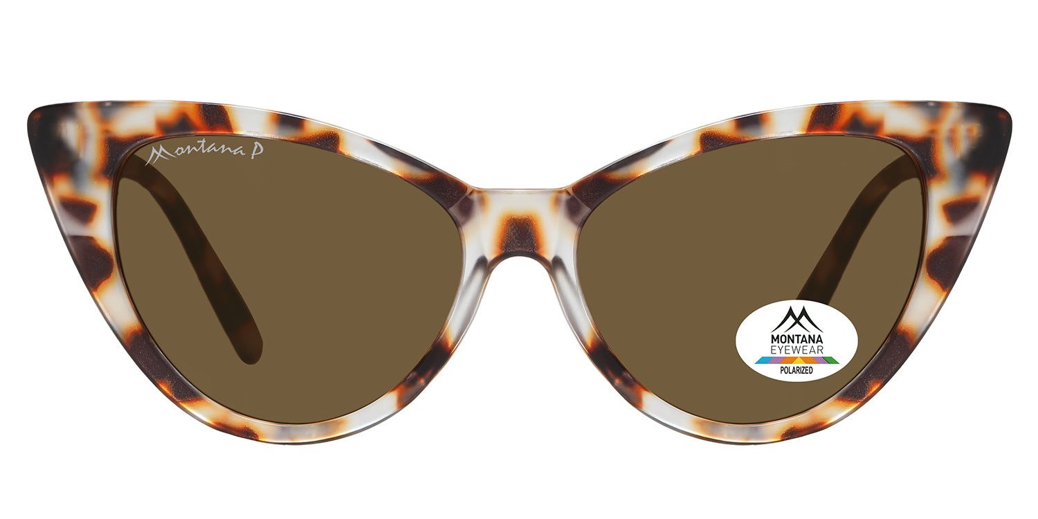 Lunettes de soleil marron et motif écaille de tortue. Logo Montana Eyewear et autocollant verre polarisé.
