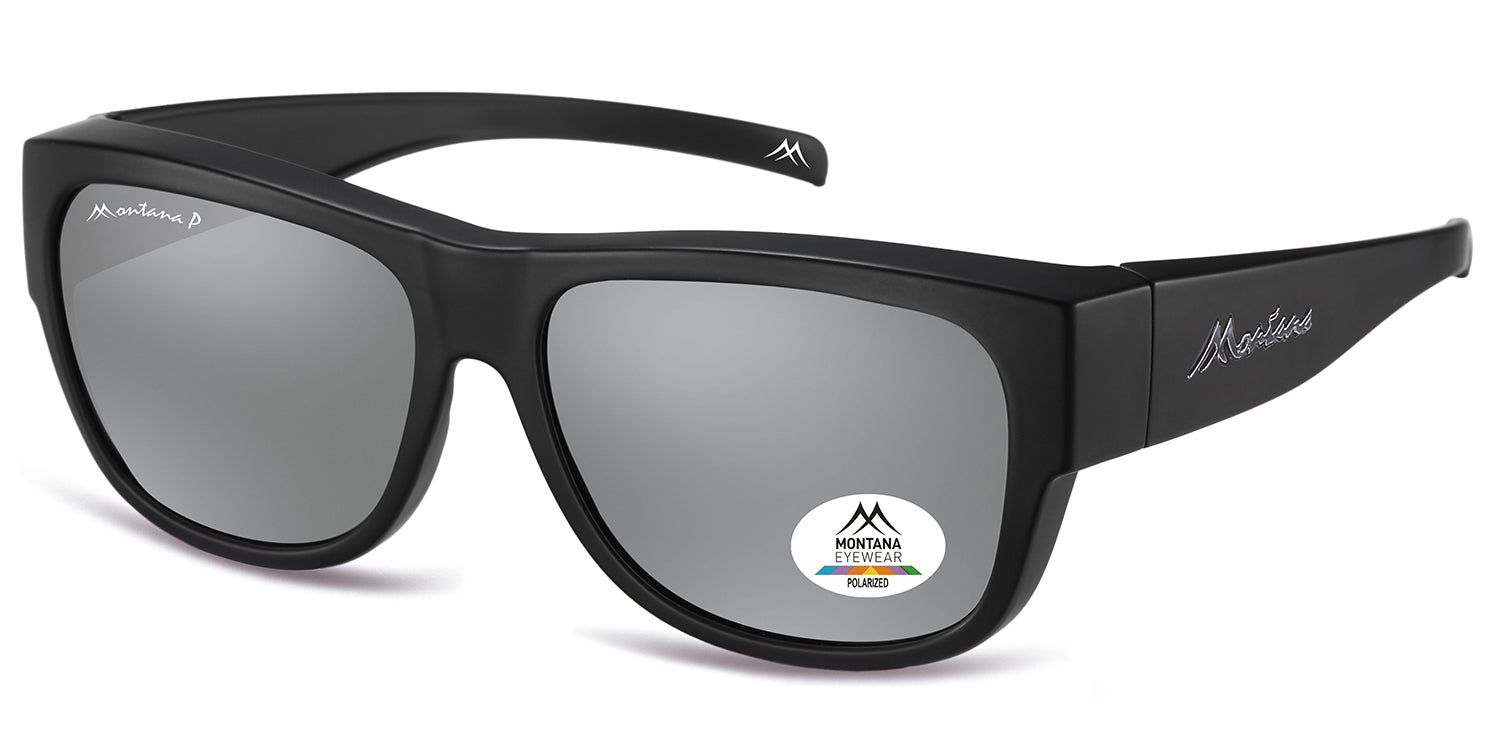 Lunettes de soleil noires avec verres argentés. Logo Montana Eyewear et indication de polarisation.
