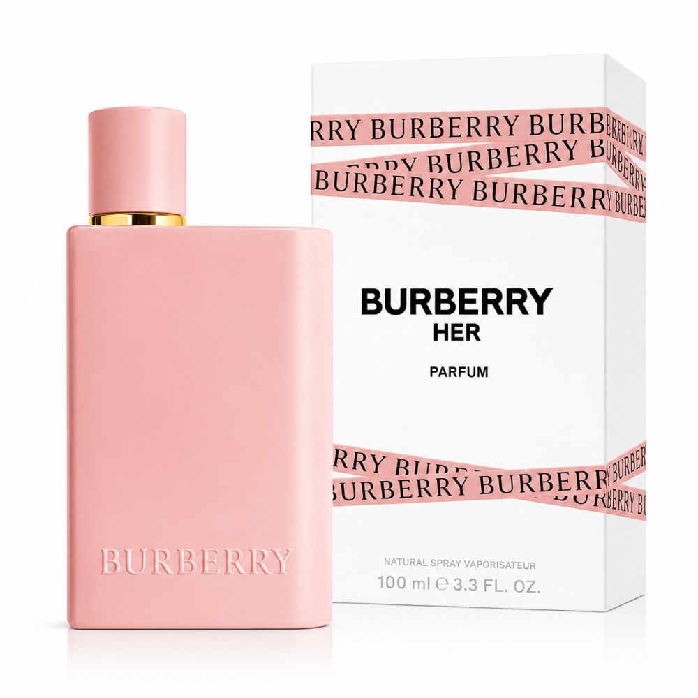 Burberry Her Eau de Parfum in een zachtroze fles met bijpassende verpakking. De fles is rechthoekig met afgeronde hoeken en een gouden ring aan de hals.