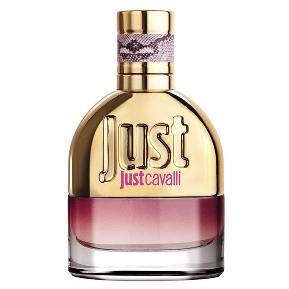 Flacon de parfum avec bouchon doré et dégradé rose. Inscription "Just Justcavalli".