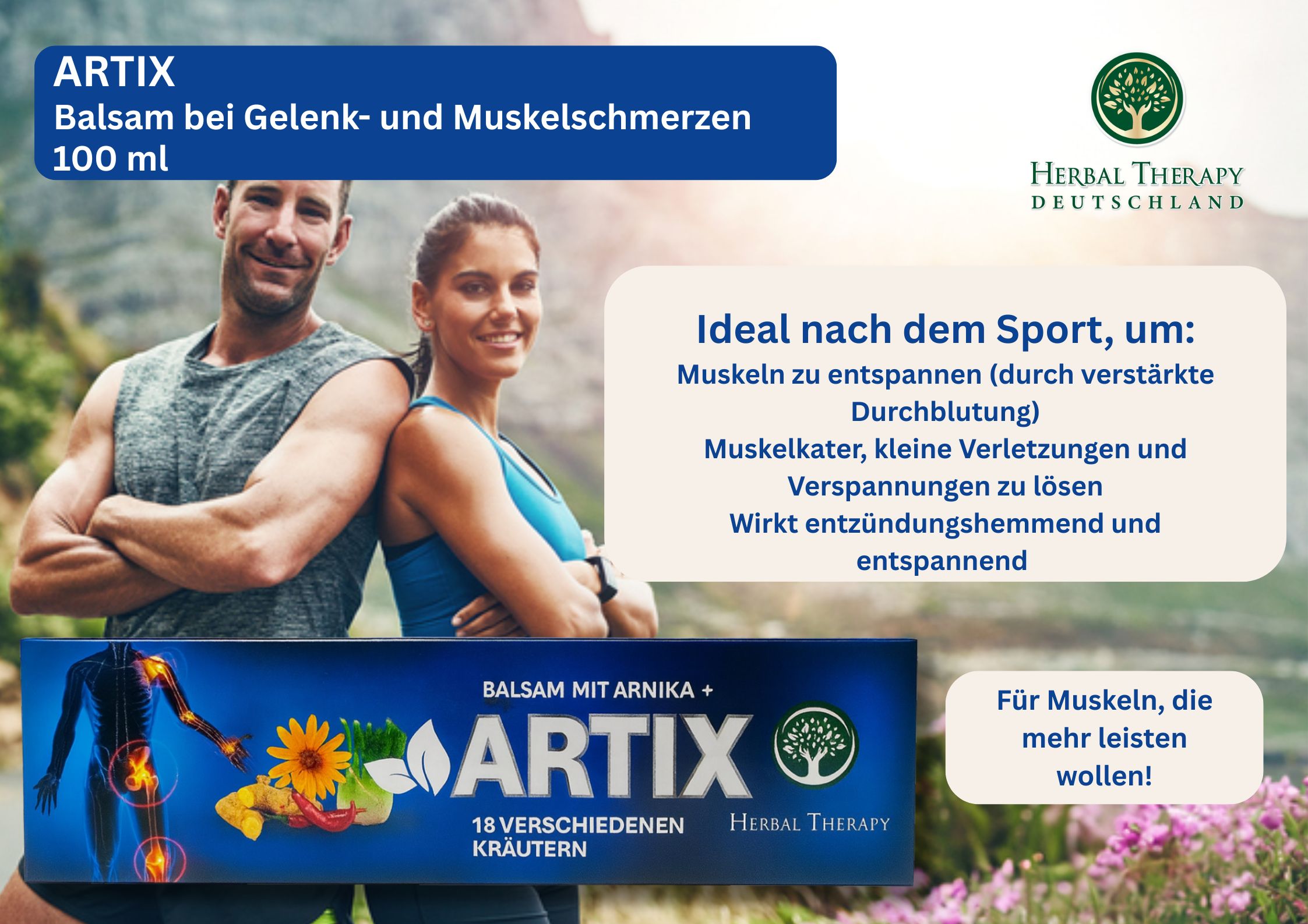 Reclamefoto. Man en vrouw. Tube en doos met opschrift ARTIX. Tekst: Balsem voor gewrichts- en spierpijn.