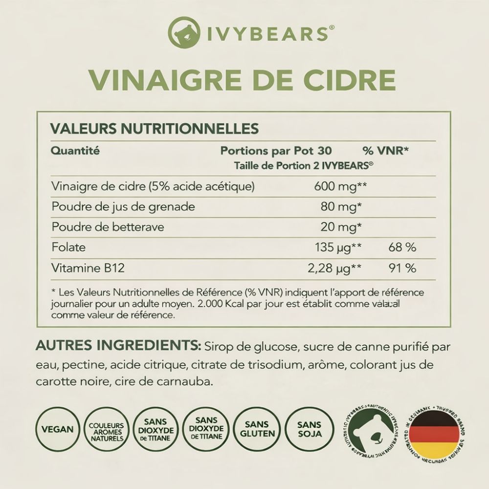 Tableau nutritionnel avec ingrédients : Vinaigre de cidre, Poudre de jus de grenade, Poudre de betterave, Folate, Vitamine B12.