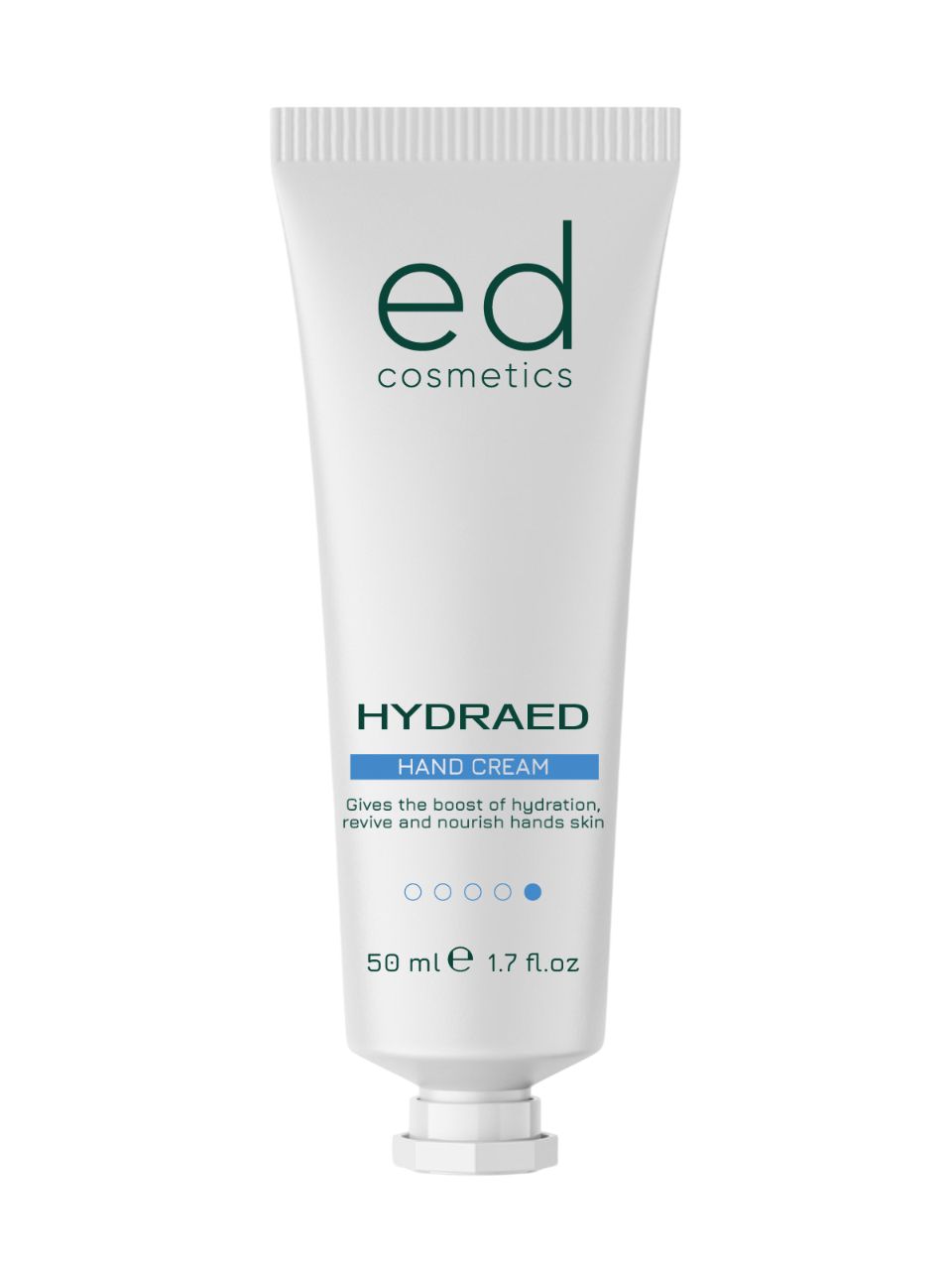 Tube blanche avec "ed cosmetics" vert et "HYDRAED HAND CREAM" bleu. 50 ml.