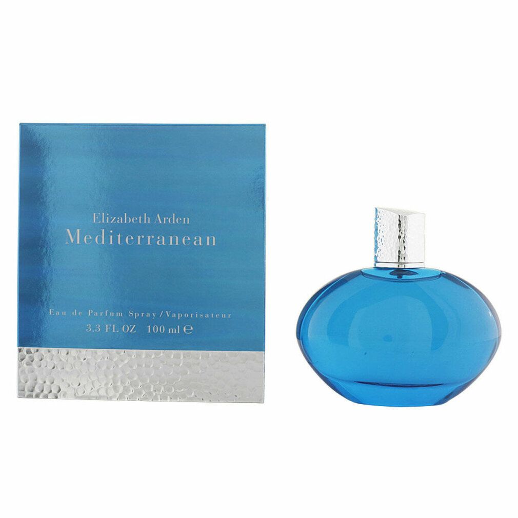 Blauwe fles en verpakking. Opschrift: Elizabeth Arden Mediterranean.