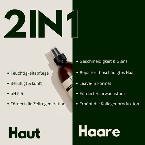 Tekst: 2in1. Huid: hydratatie, kalmeert, pH 5.5, celregeneratie. Haar: soepelheid, herstelt, leave-in, haargroei, collageen.