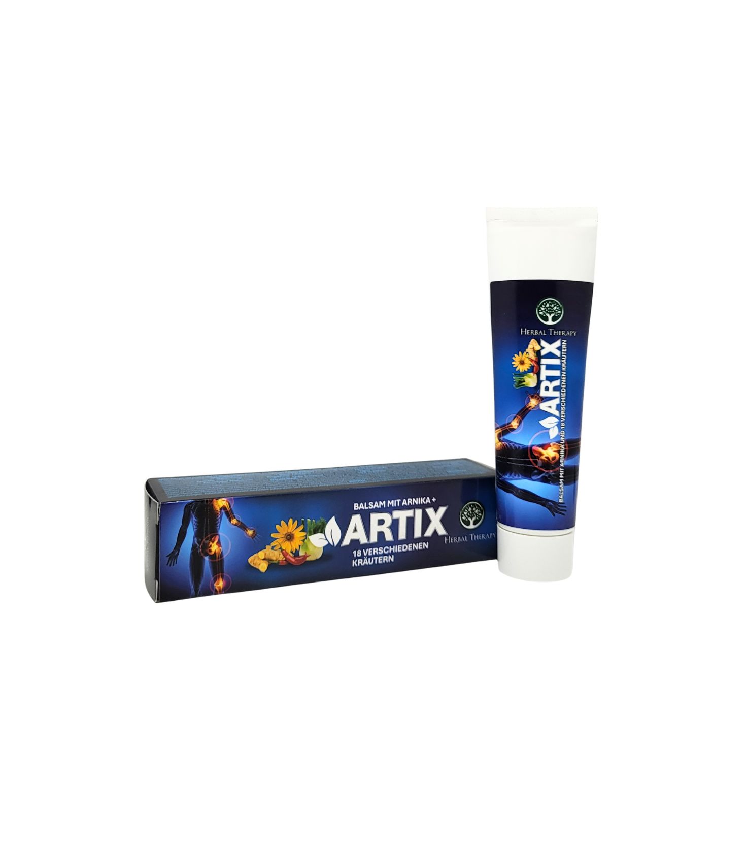 Tube en doos. Tube met blauw etiket, opschrift ARTIX, Herbal Therapy. Doos met opschrift ARTIX.