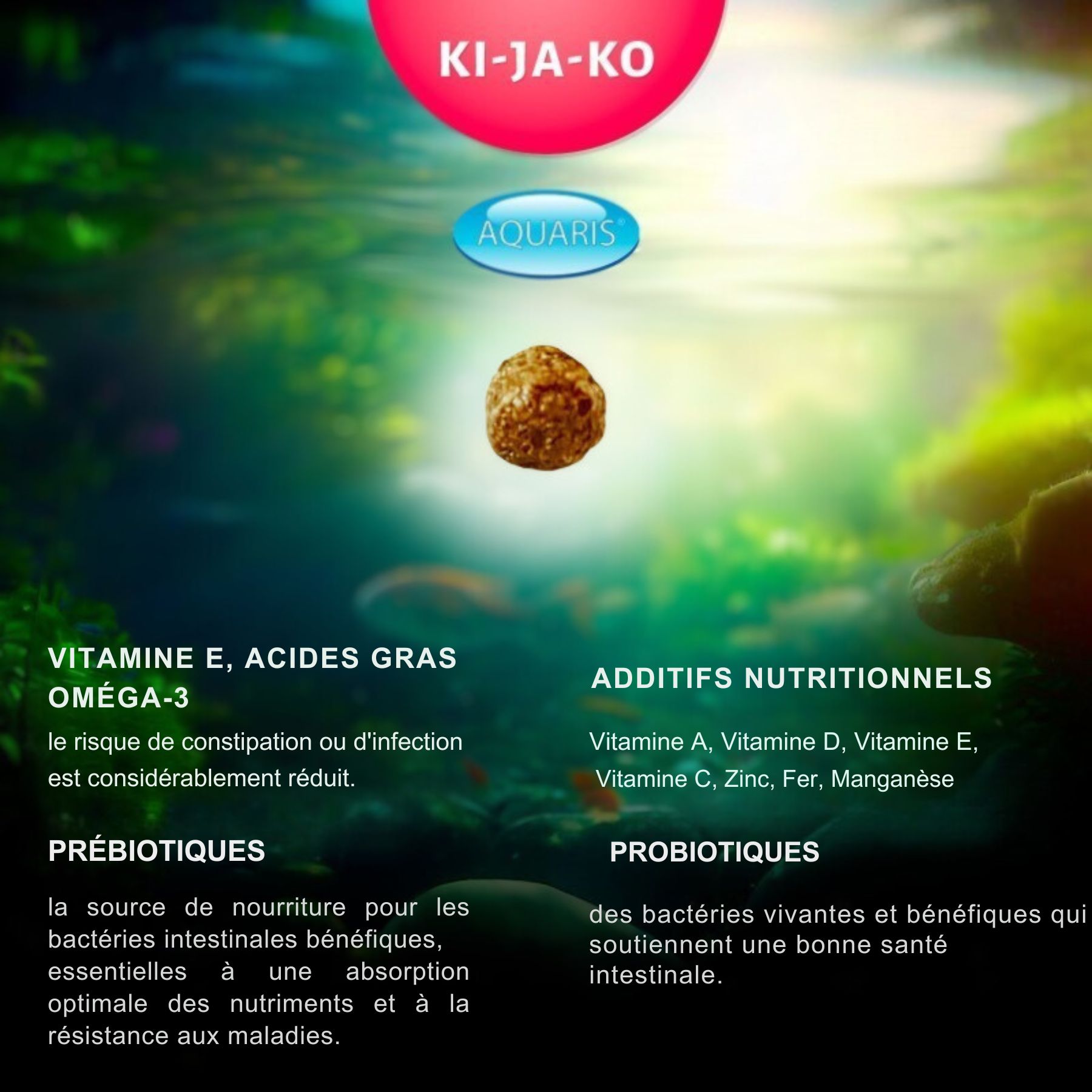 Granulés KI-JA-KO Color 3 mm. Informations sur les vitamines, oméga-3, prébiotiques et probiotiques.