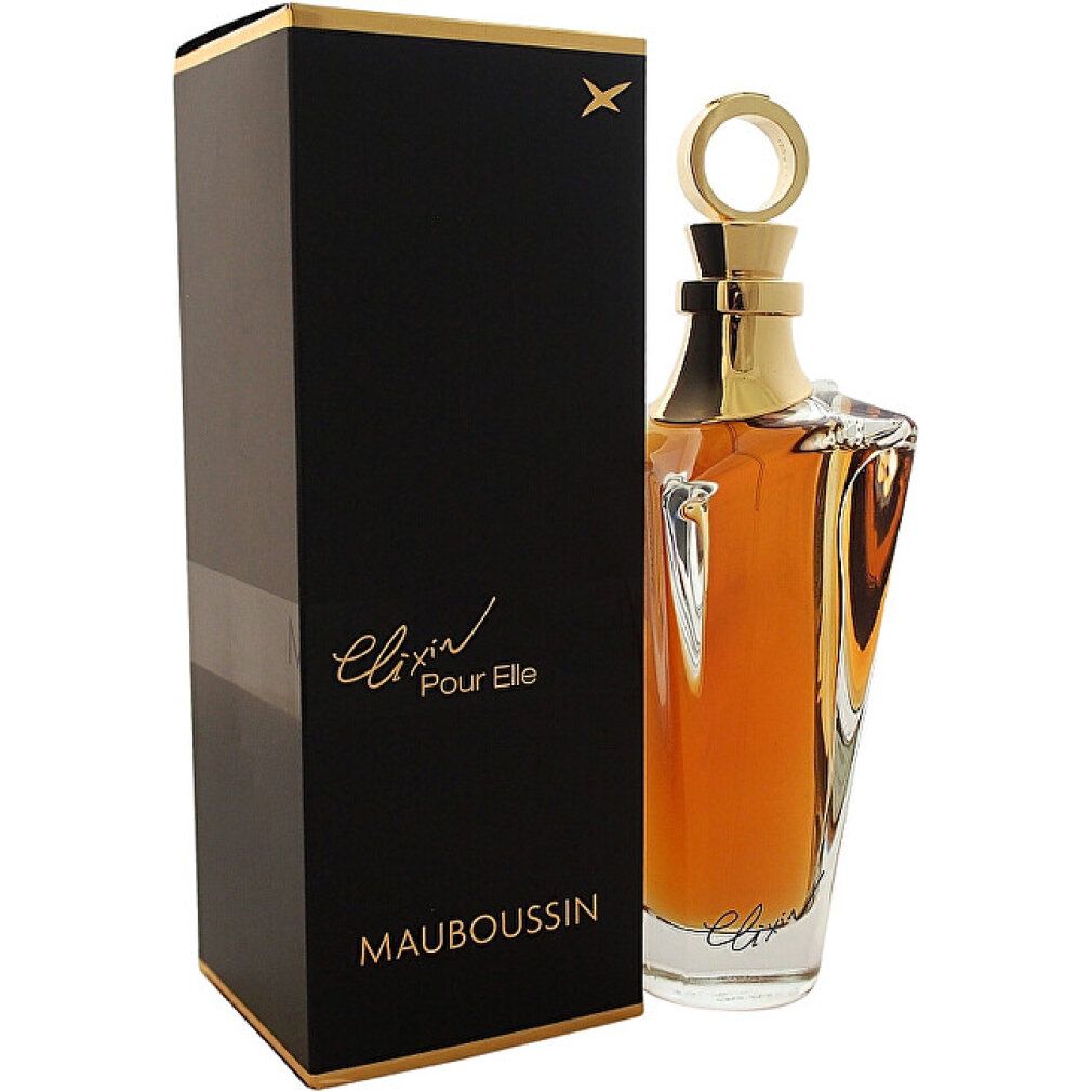 Flacon de parfum et boîte. Flacon avec bouchon doré. Boîte noire avec texte doré.